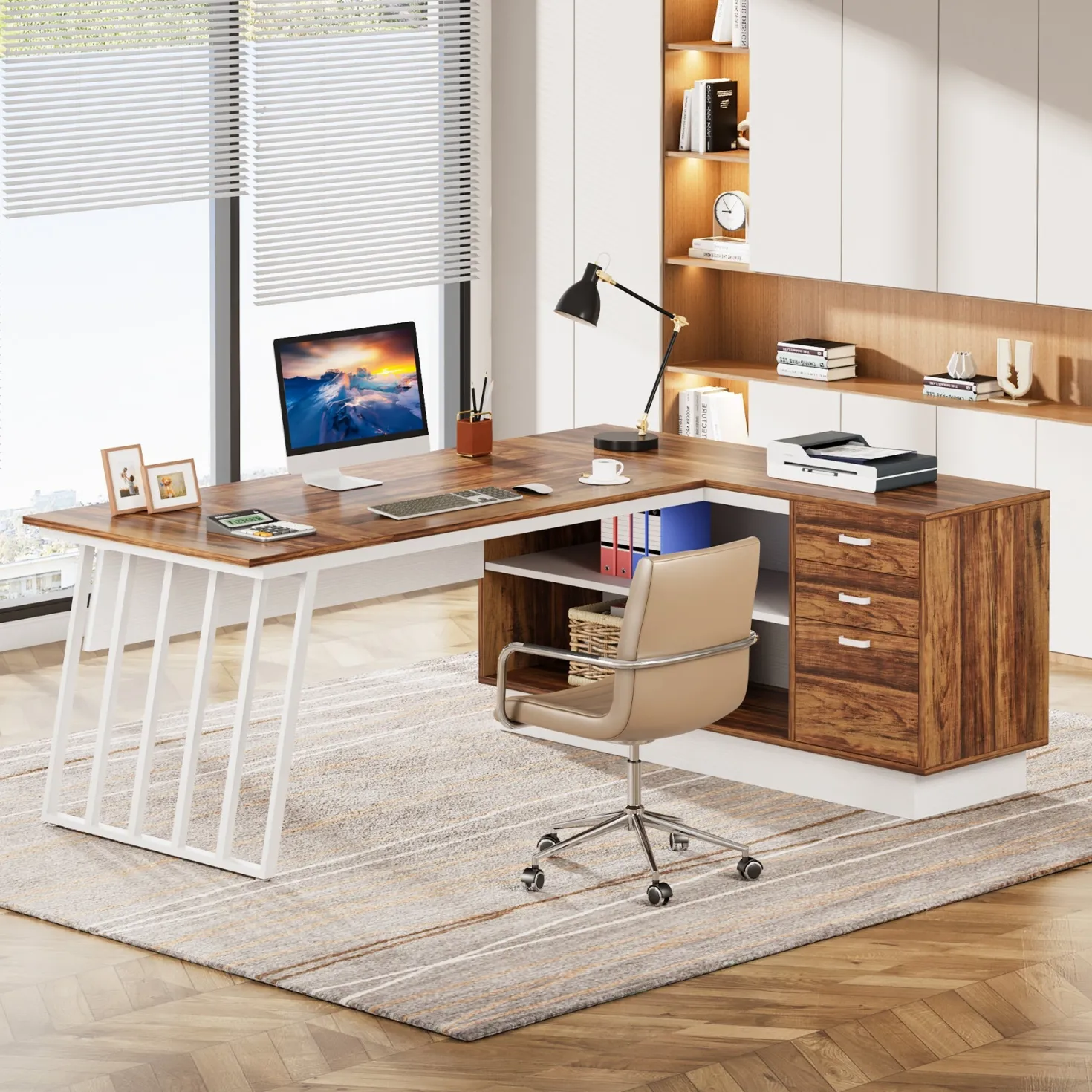 71" Executive Desk, Modern L-Shaped Computer Desk with Cabinet