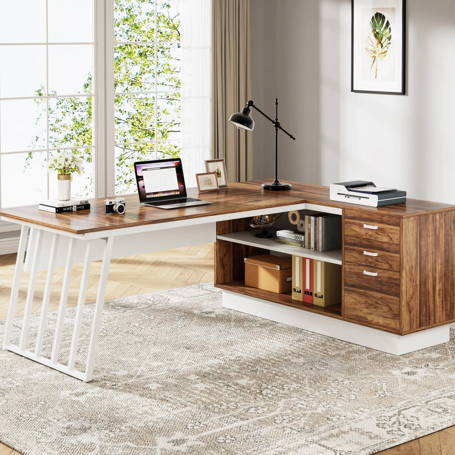 71" Executive Desk, Modern L-Shaped Computer Desk with Cabinet