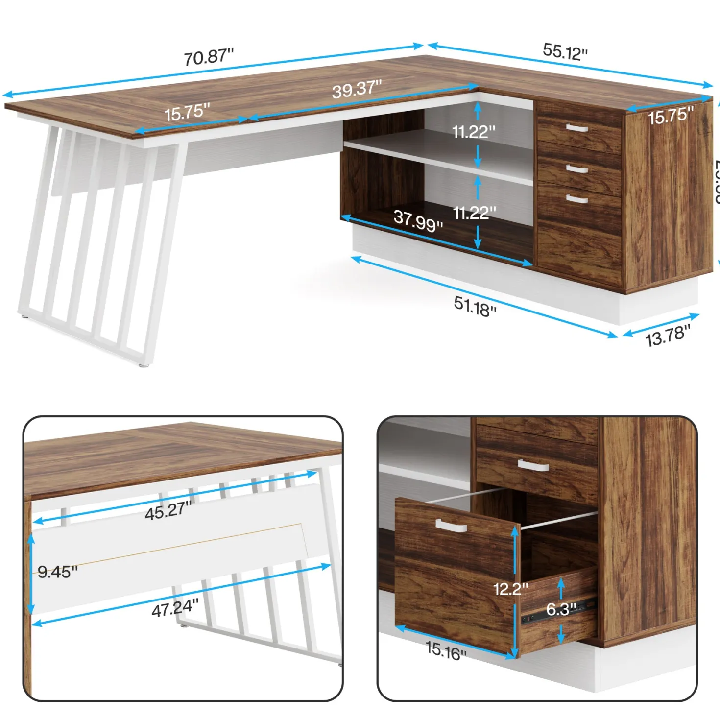 71" Executive Desk, Modern L-Shaped Computer Desk with Cabinet