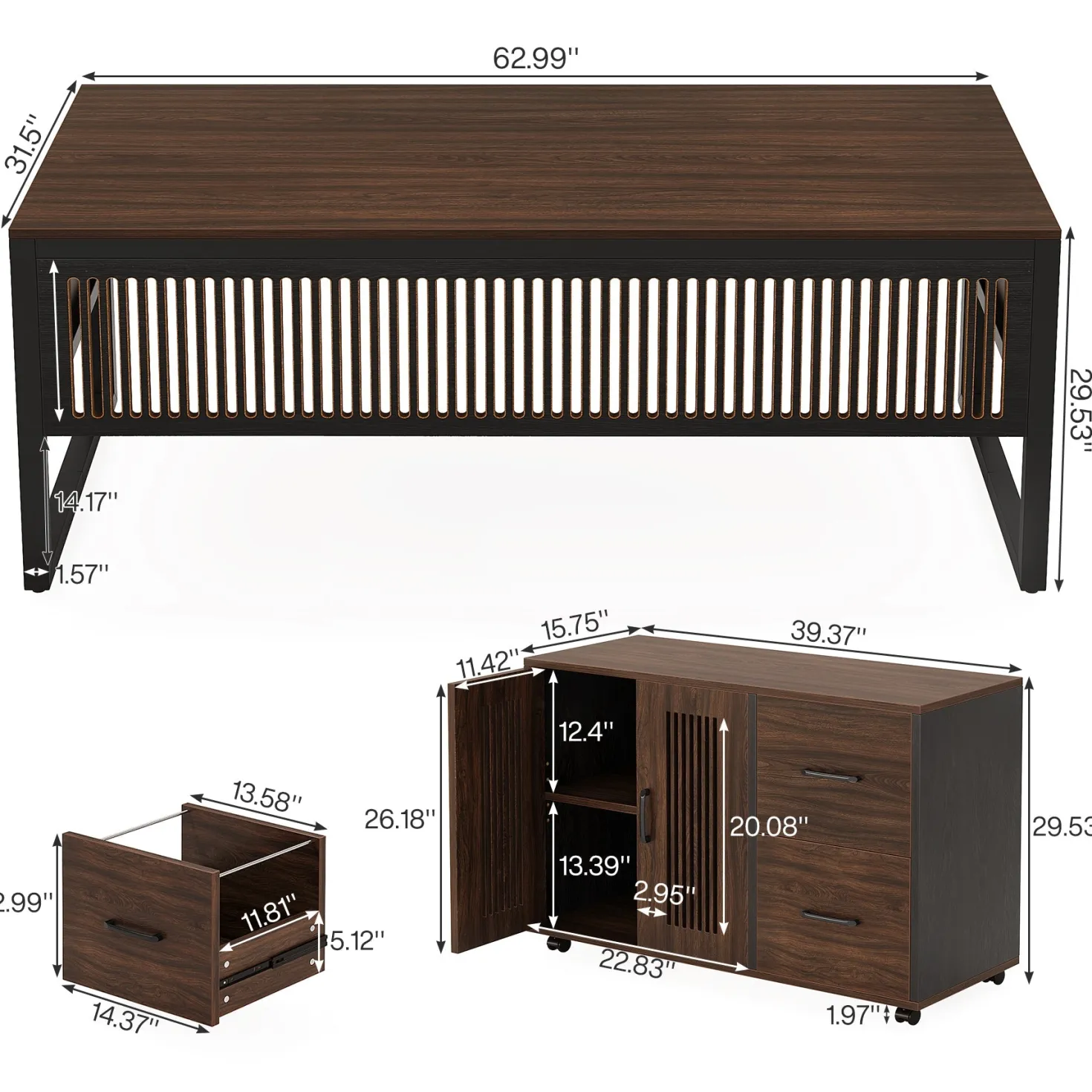 63" Executive Desk, Modern L-Shaped Computer Desk with Mobile File Cabinet