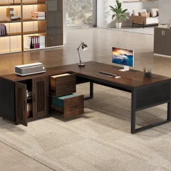 63" Executive Desk, Modern L-Shaped Computer Desk with Mobile File Cabinet