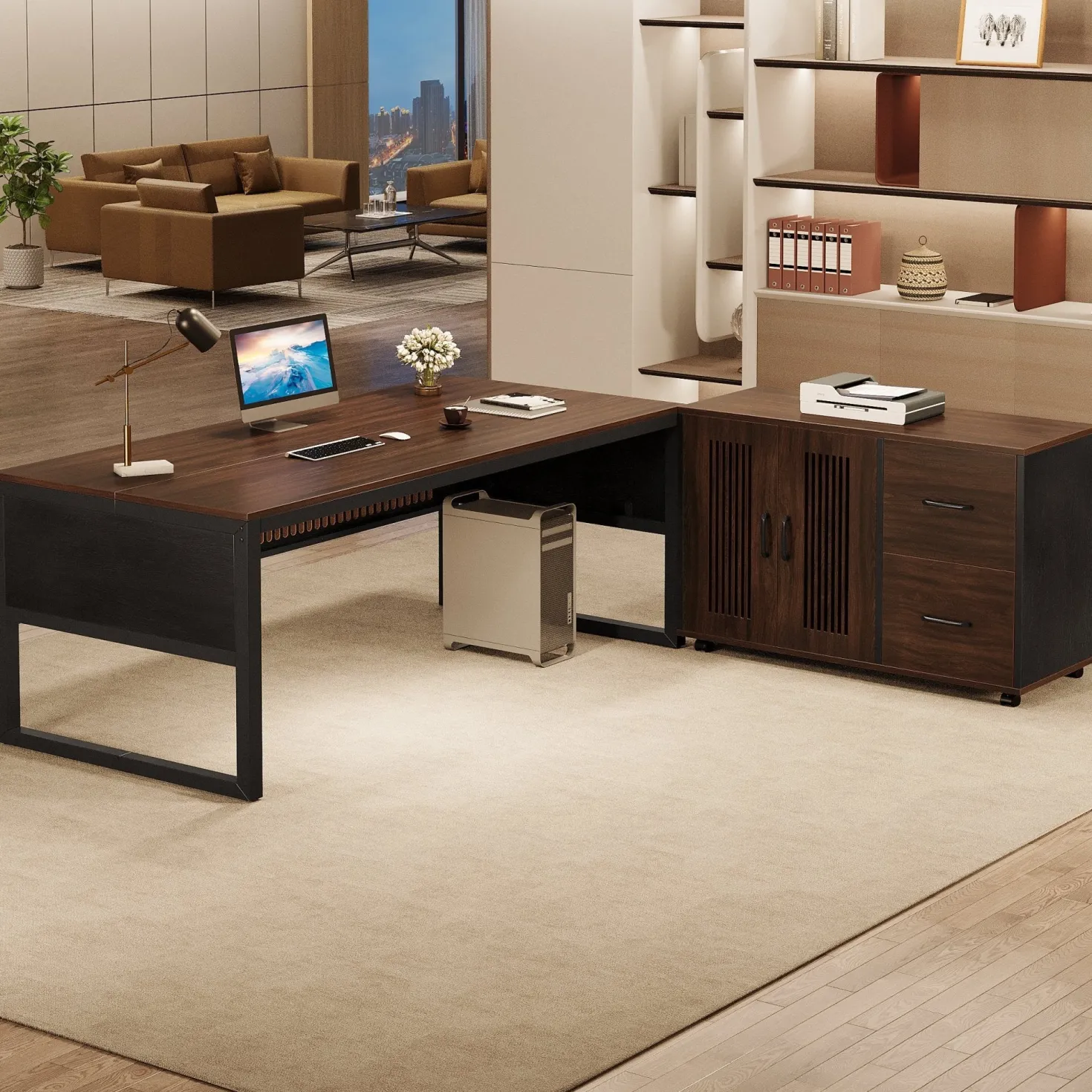63" Executive Desk, Modern L-Shaped Computer Desk with Mobile File Cabinet