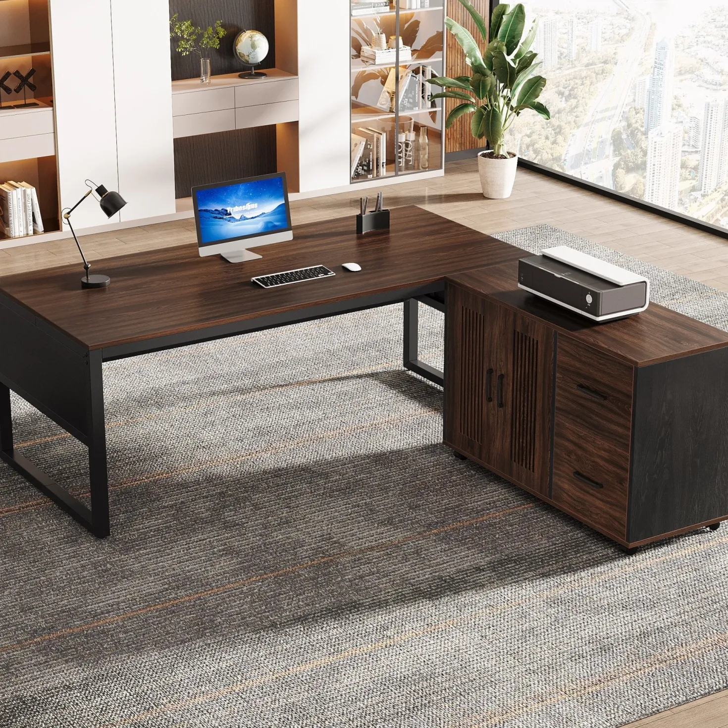 63" Executive Desk, Modern L-Shaped Computer Desk with Mobile File Cabinet