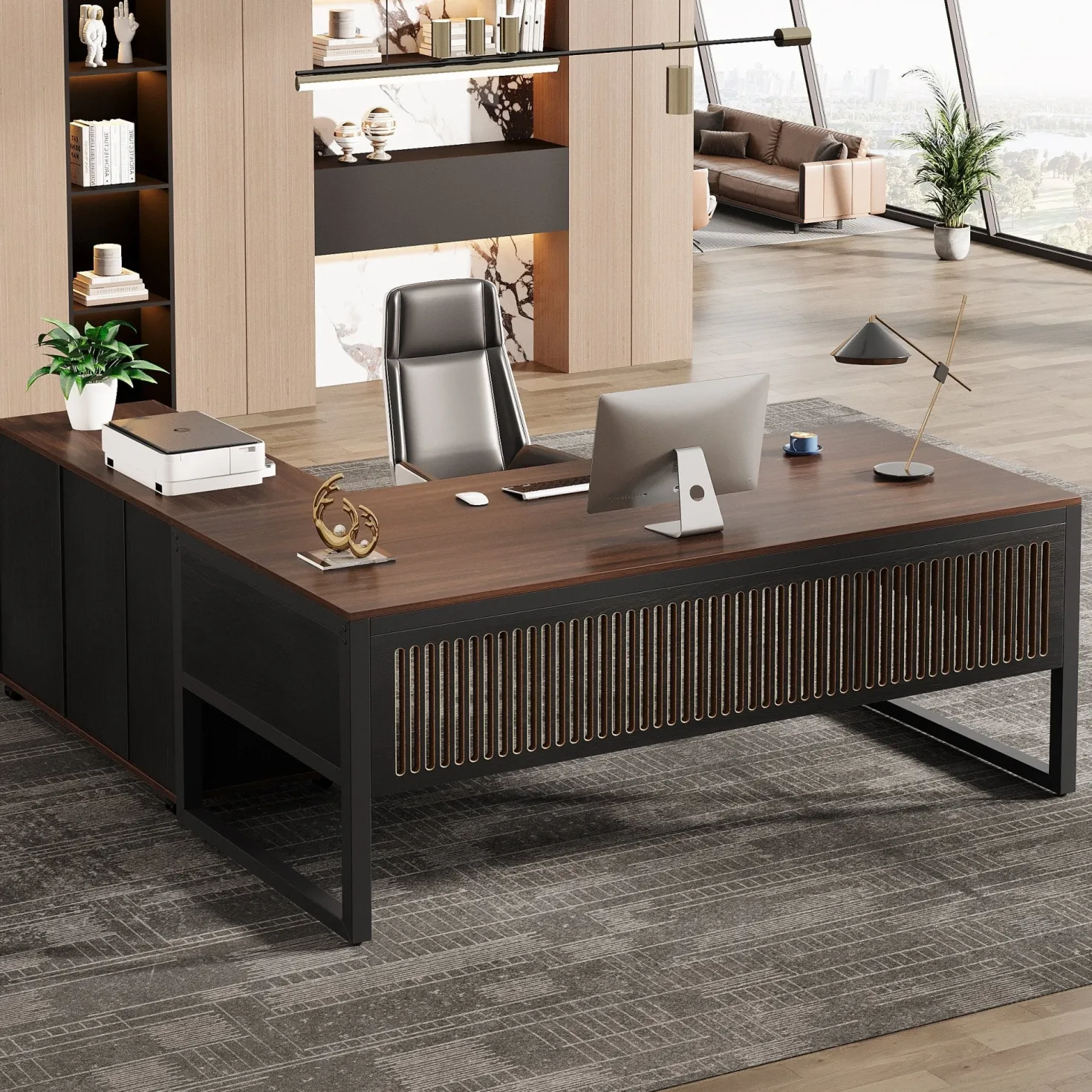 63" Executive Desk, Modern L-Shaped Computer Desk with Mobile File Cabinet