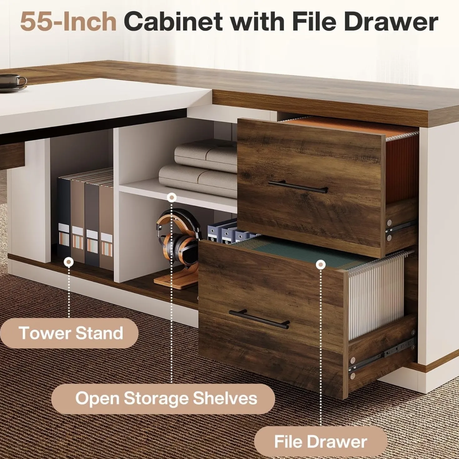 78.7" Executive Desk, Modern L-Shaped Office Desk with 55.1" Storage Cabinet
