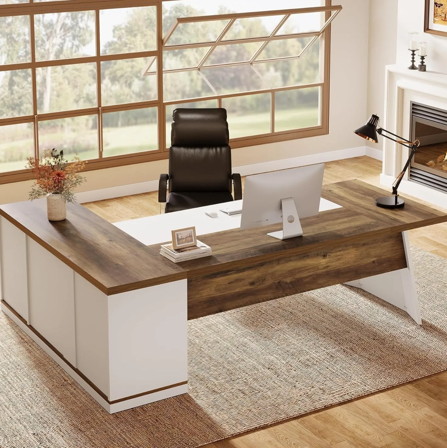 78.7" Executive Desk, Modern L-Shaped Office Desk with 55.1" Storage Cabinet