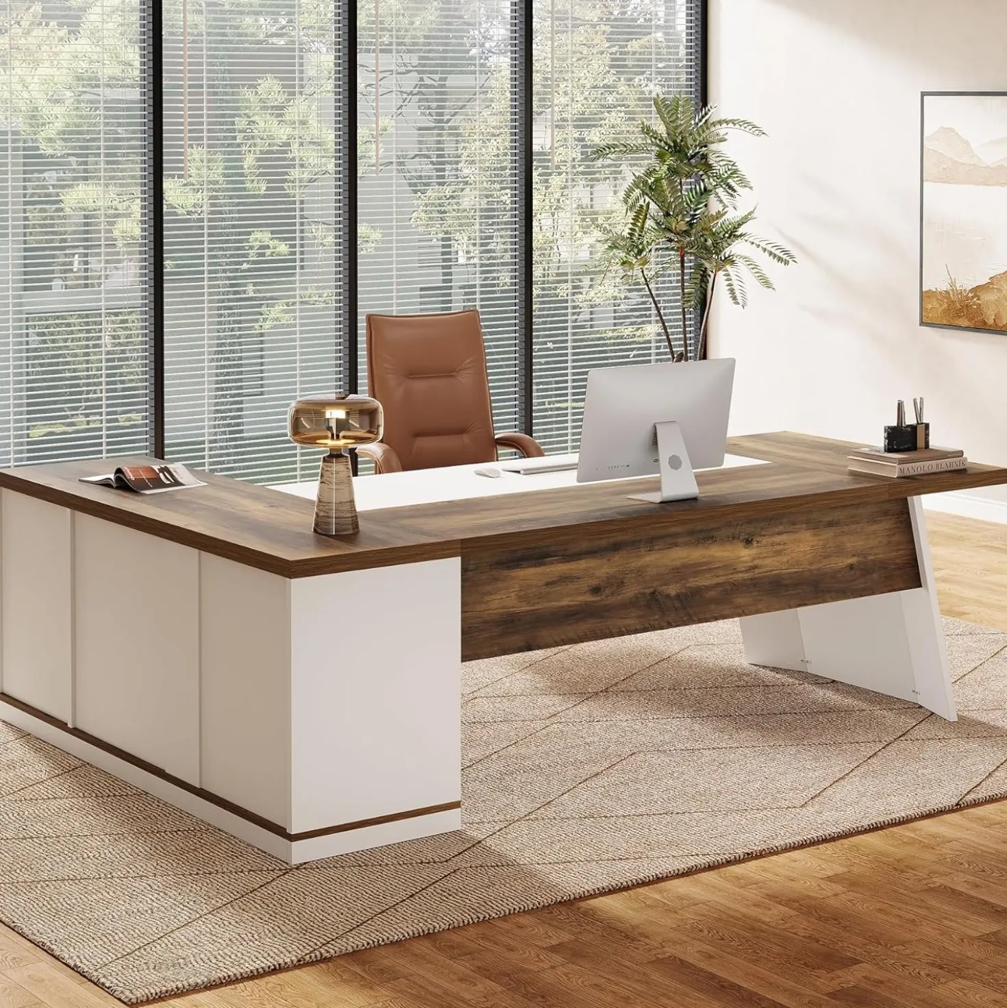 78.7" Executive Desk, Modern L-Shaped Office Desk with 55.1" Storage Cabinet