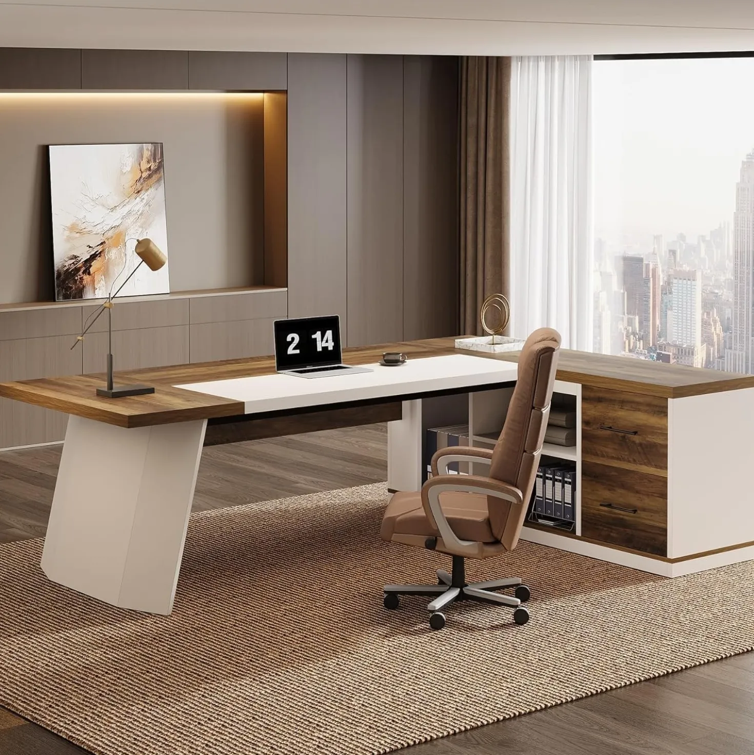 78.7" Executive Desk, Modern L-Shaped Office Desk with 55.1" Storage Cabinet