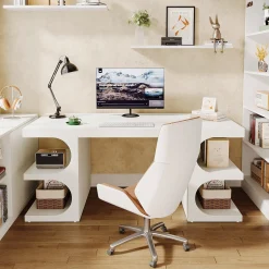 62" Executive Desk, Modern Office Computer Desk with Storage Shelves