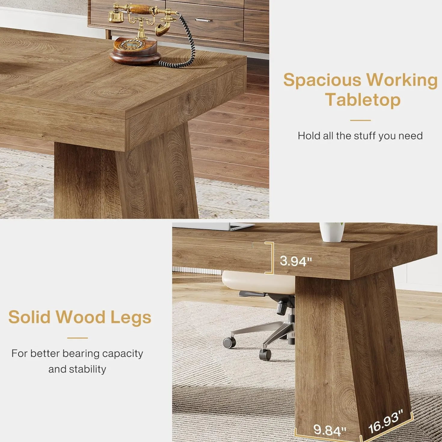 55" Executive Desk, Modern Wood Computer Desk Workstation Desk