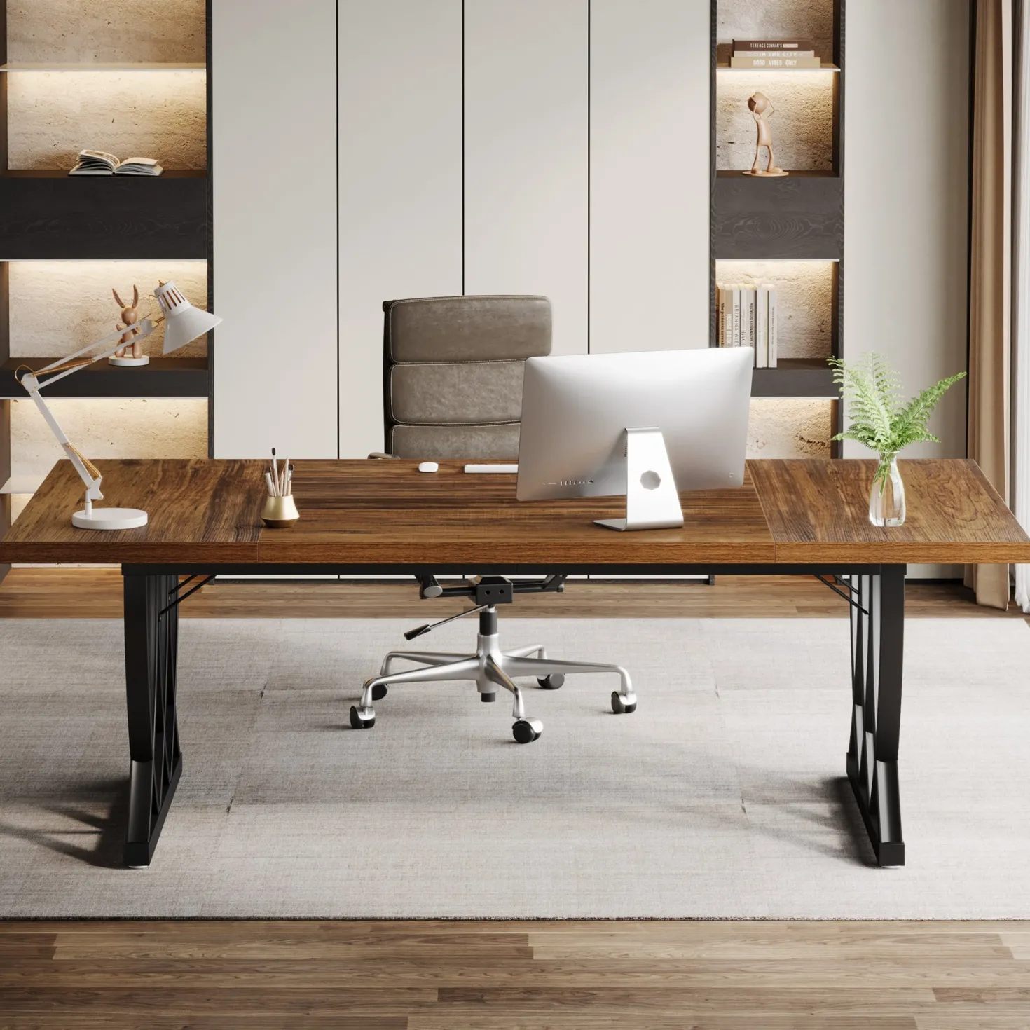 70.8" Executive Desk, Rectangle Office Computer Desk with Thick Metal Frame