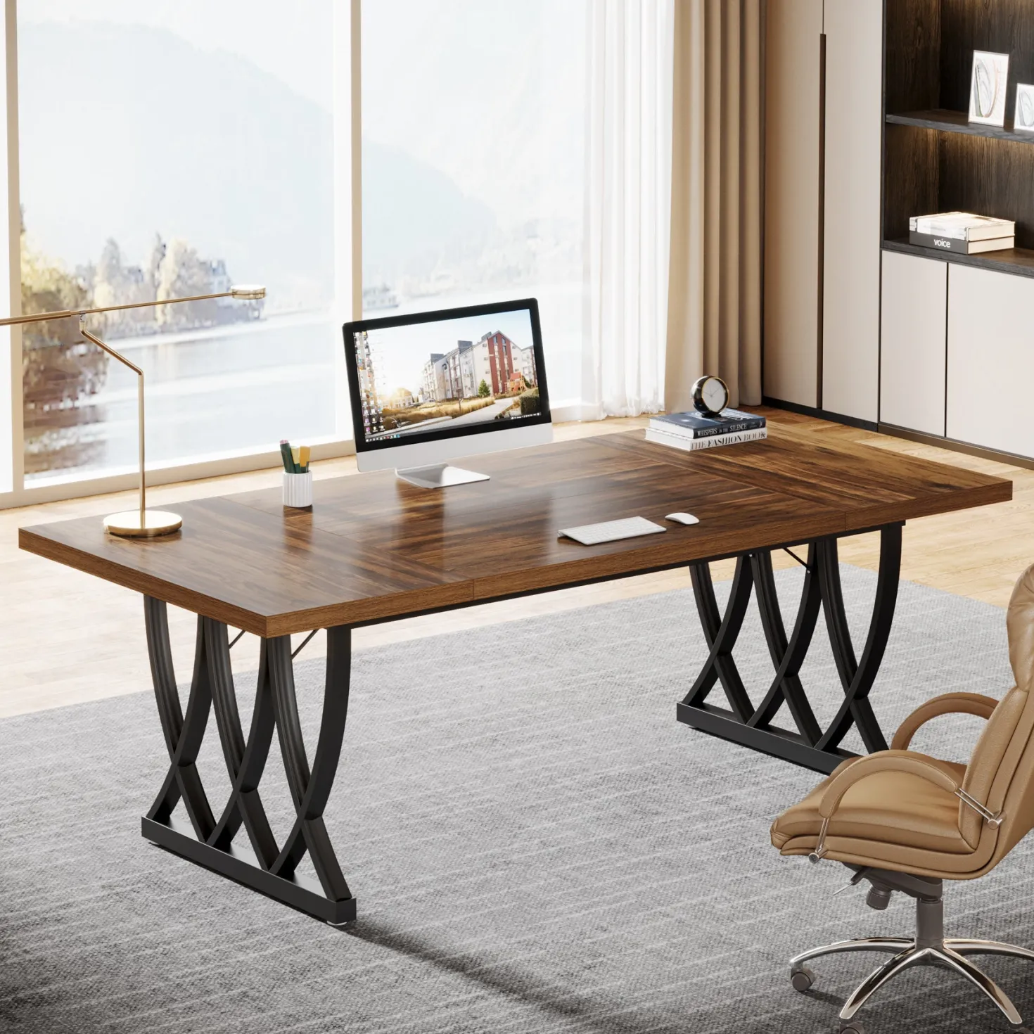 70.8" Executive Desk, Rectangle Office Computer Desk with Thick Metal Frame