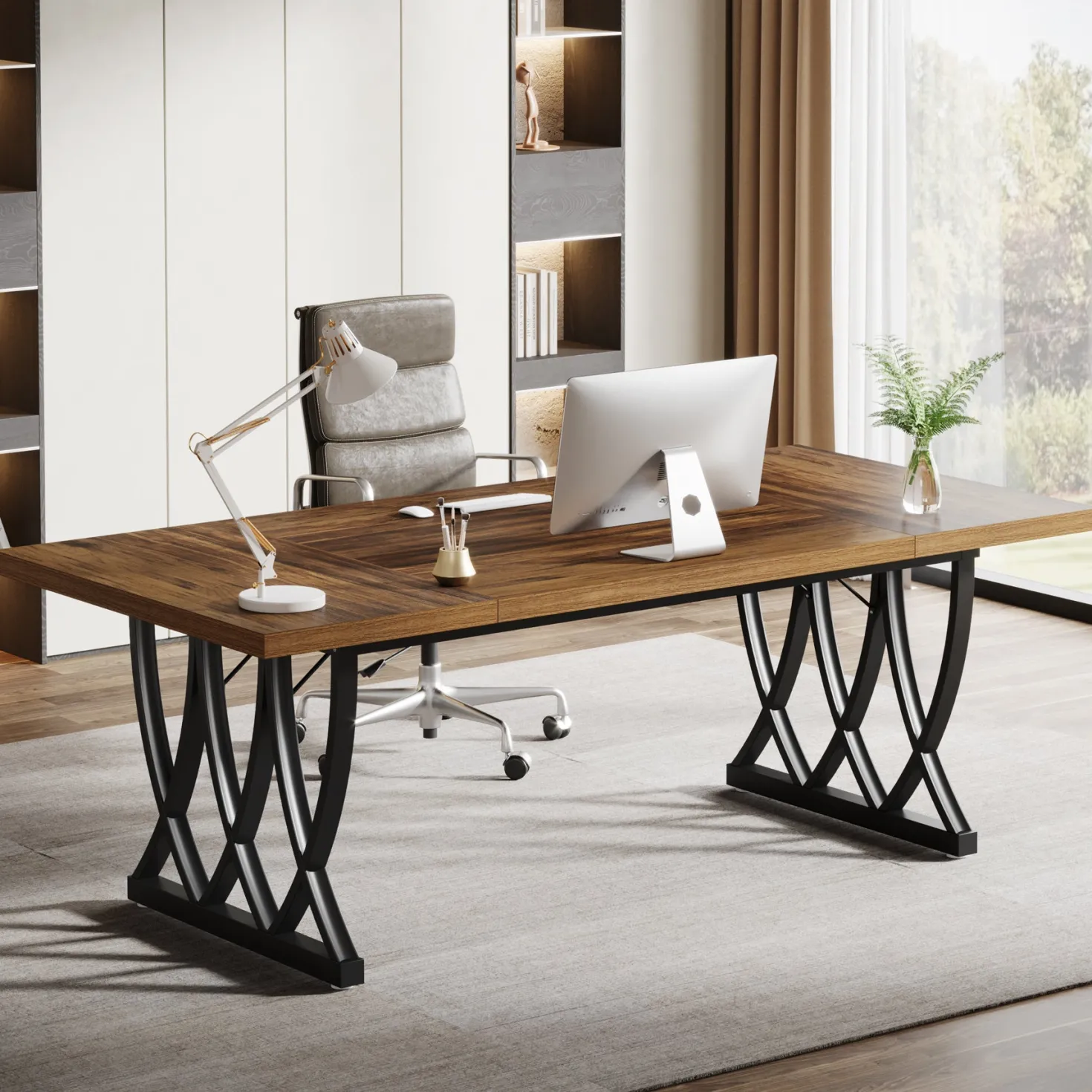 70.8" Executive Desk, Rectangle Office Computer Desk with Thick Metal Frame