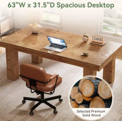 63" Executive Desk, Solid Wood Home Office Computer Desk with Sturdy Wooden Legs
