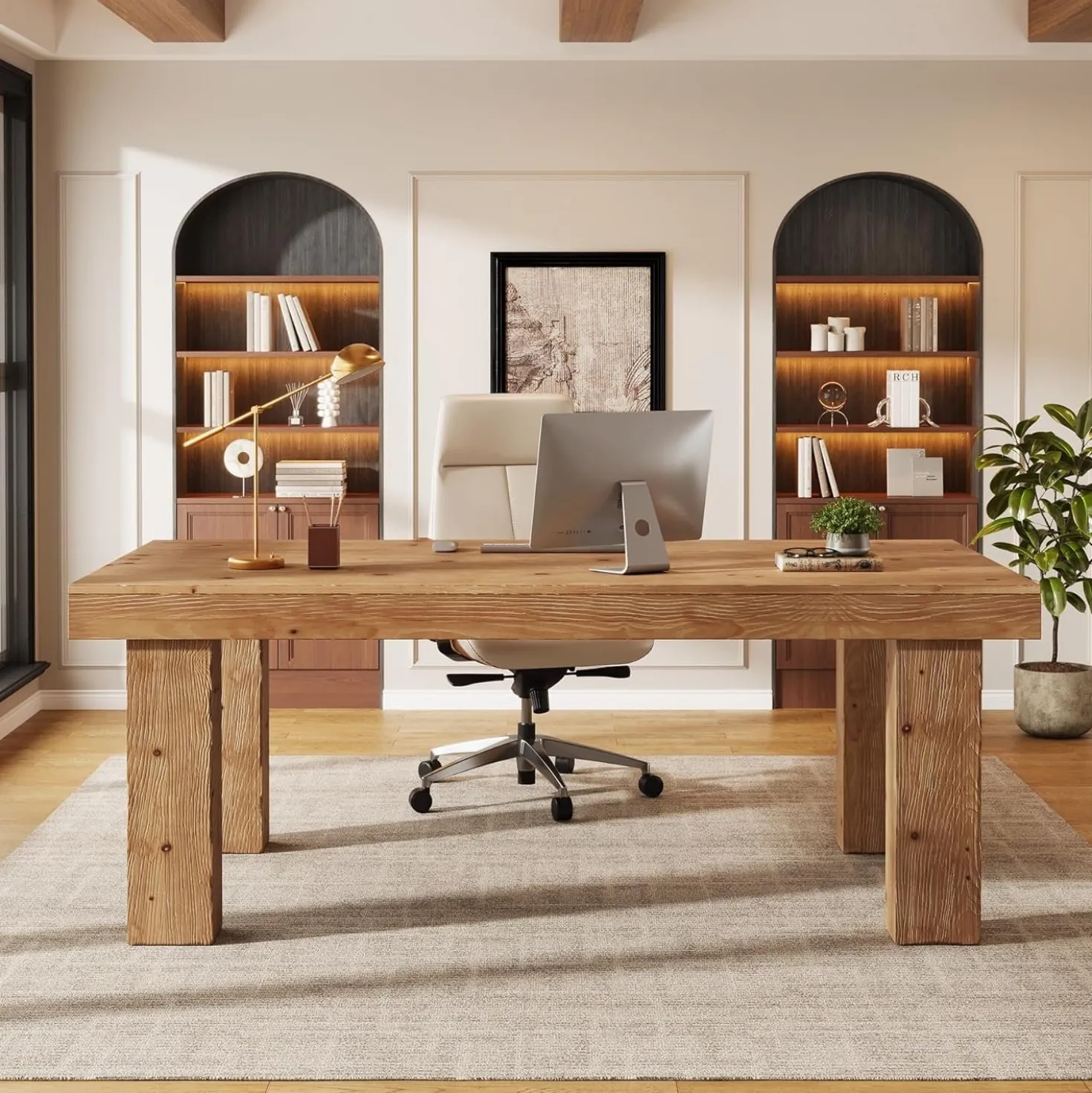 63" Executive Desk, Solid Wood Home Office Computer Desk with Sturdy Wooden Legs