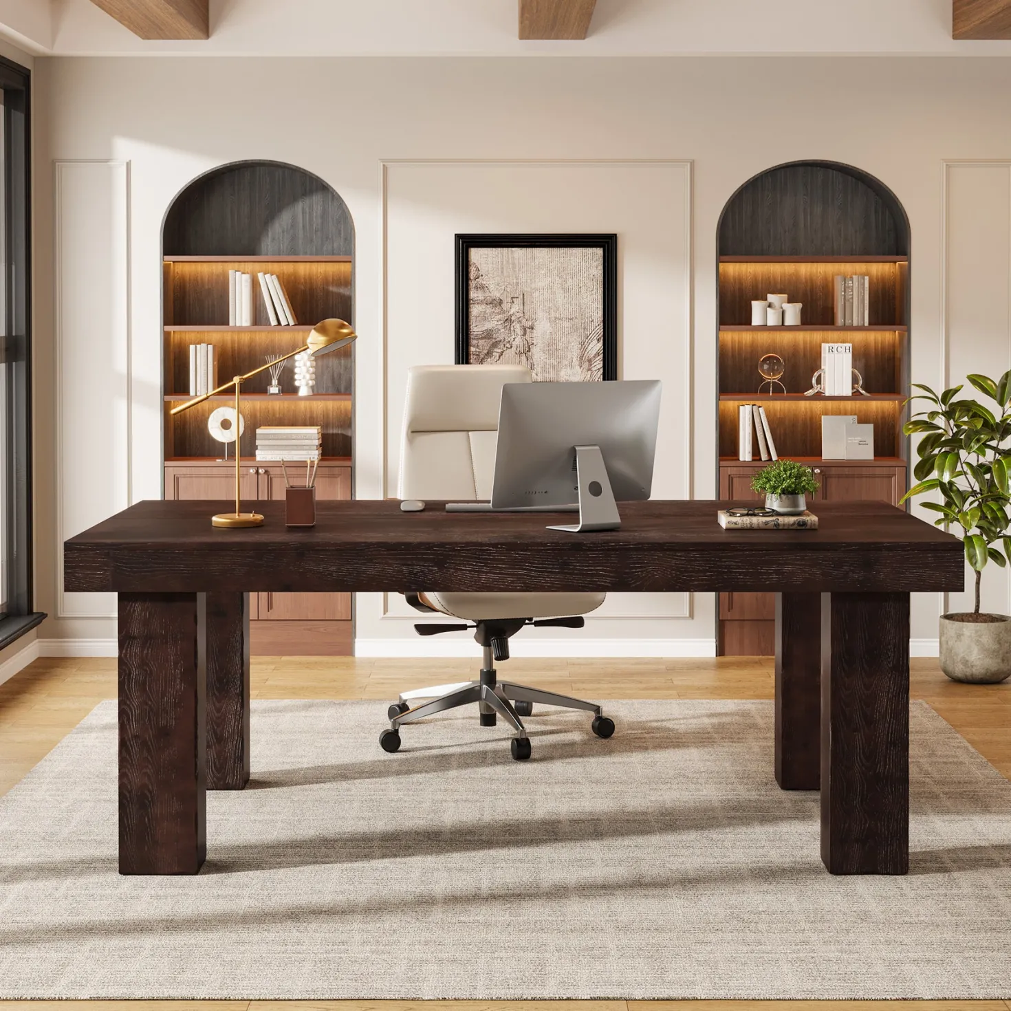 63" Executive Desk, Solid Wood Home Office Computer Desk with Sturdy Wooden Legs