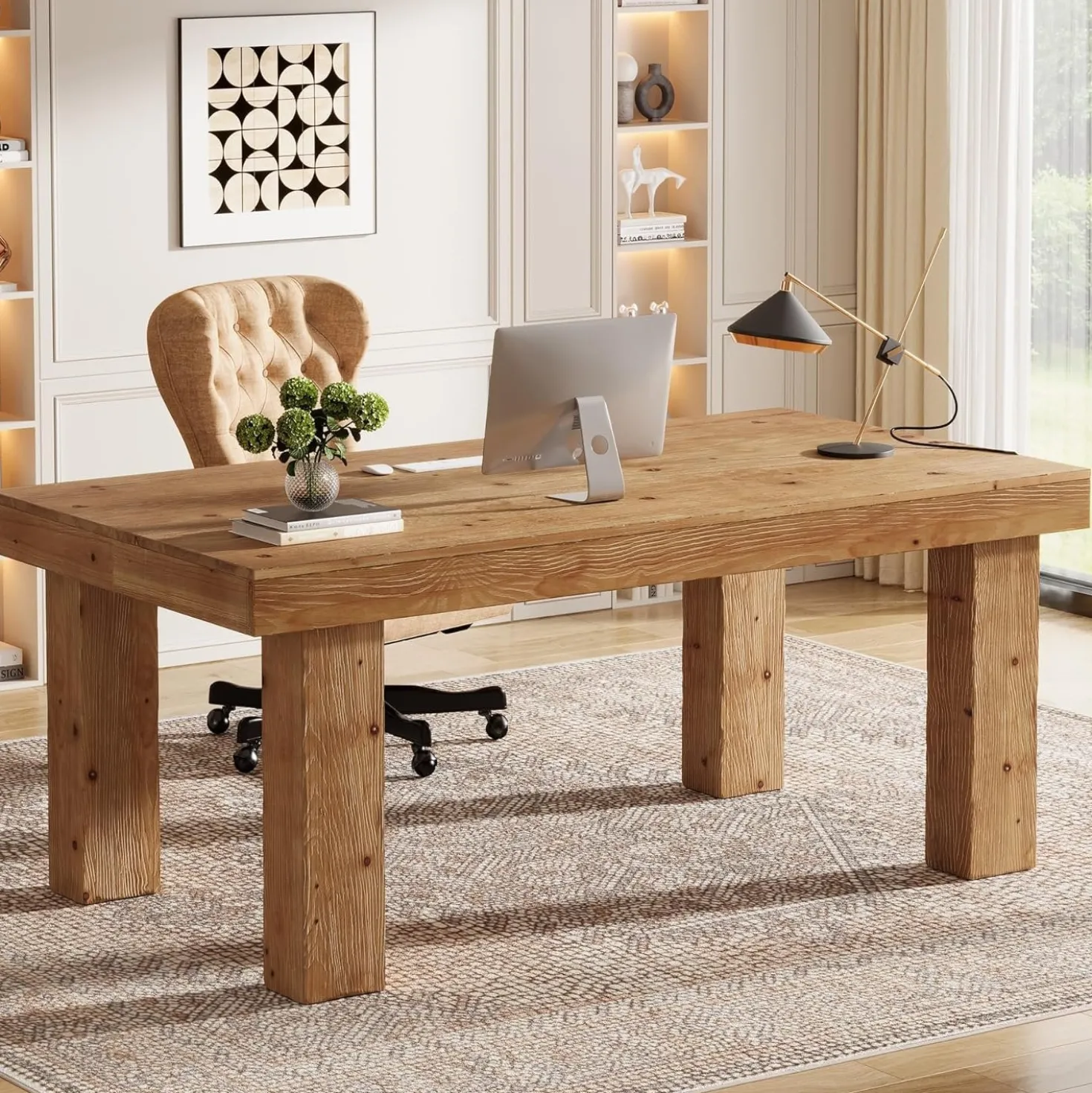 63" Executive Desk, Solid Wood Home Office Computer Desk with Sturdy Wooden Legs
