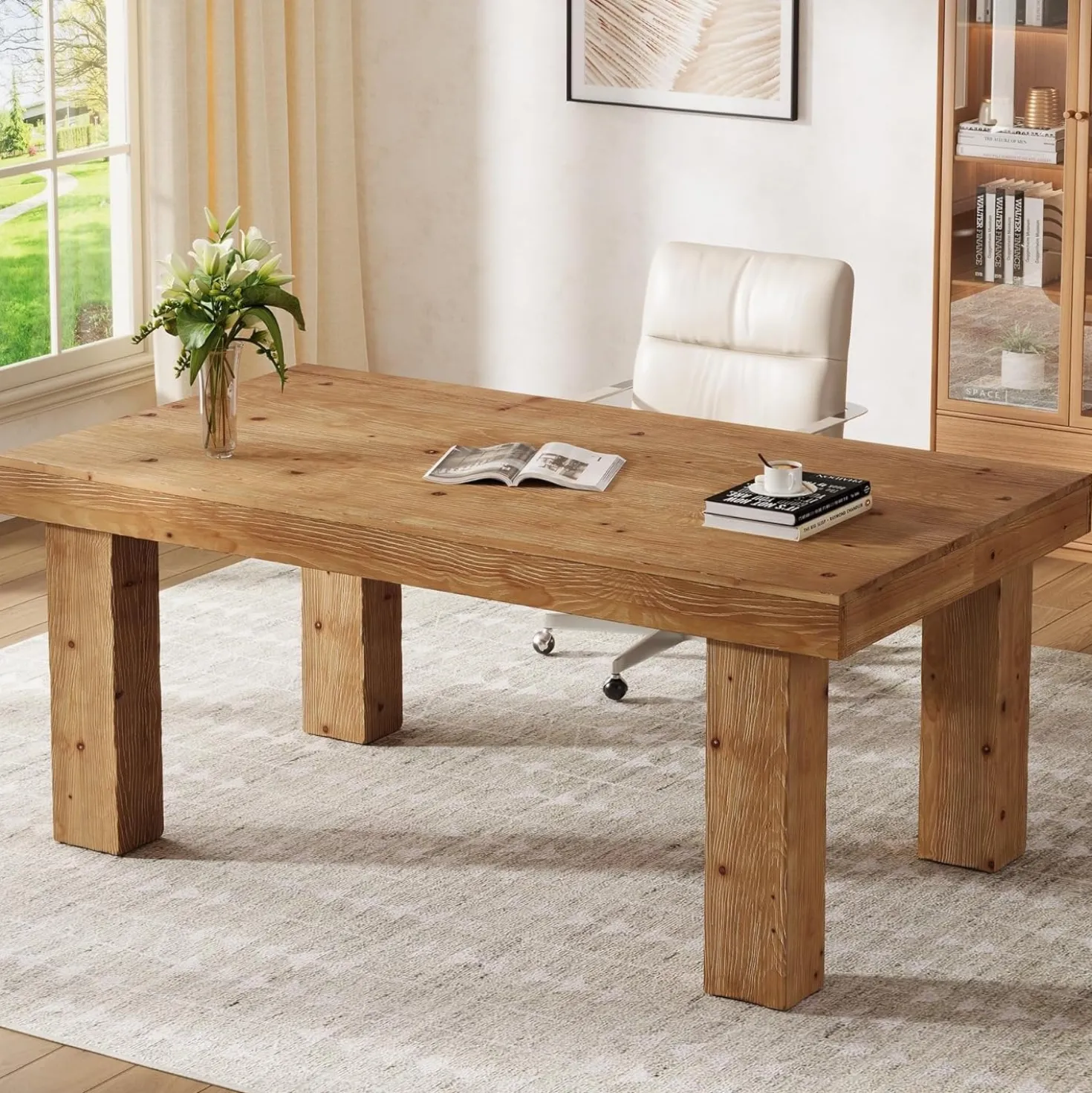 63" Executive Desk, Solid Wood Home Office Computer Desk with Sturdy Wooden Legs