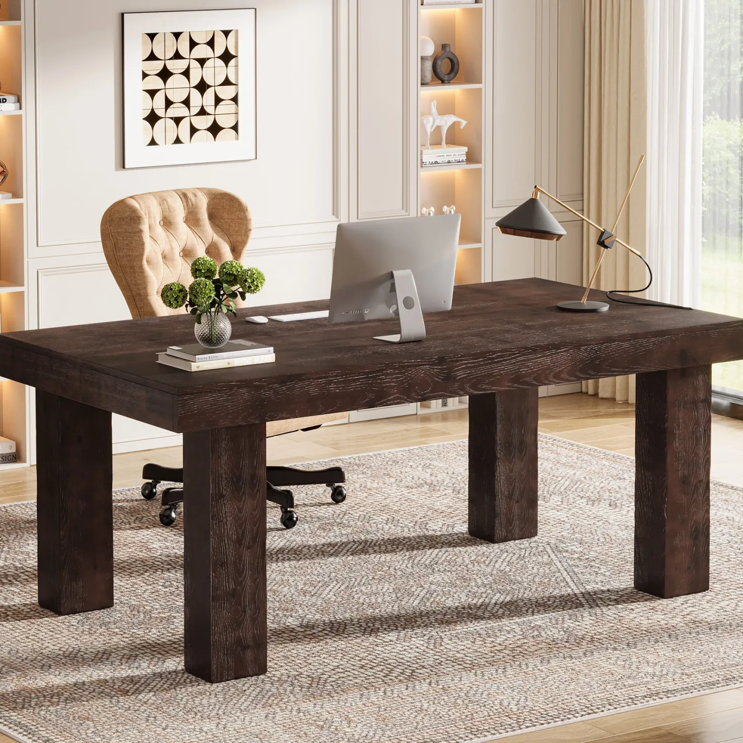 63" Executive Desk, Solid Wood Home Office Computer Desk with Sturdy Wooden Legs
