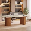 78.7" Executive Desk, Travertine Slab Computer Desk With Semi-Circular Base