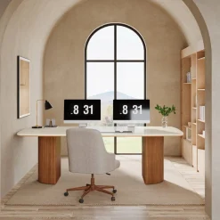 78.7" Executive Desk, Travertine Slab Computer Desk With Semi-Circular Base