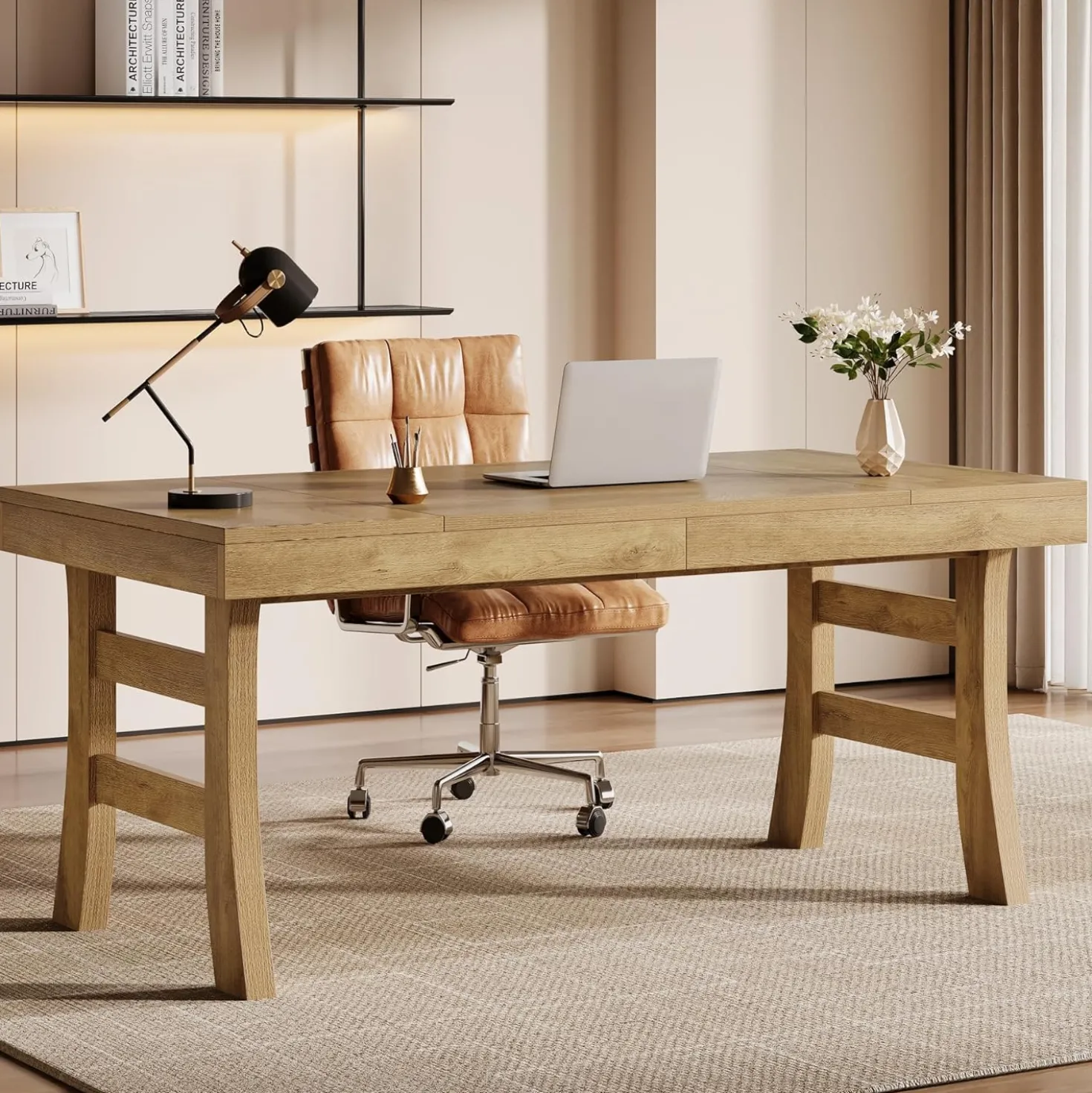 63" Executive Desk, Vintage Office Computer Desk Writing Table with Sturdy Legs