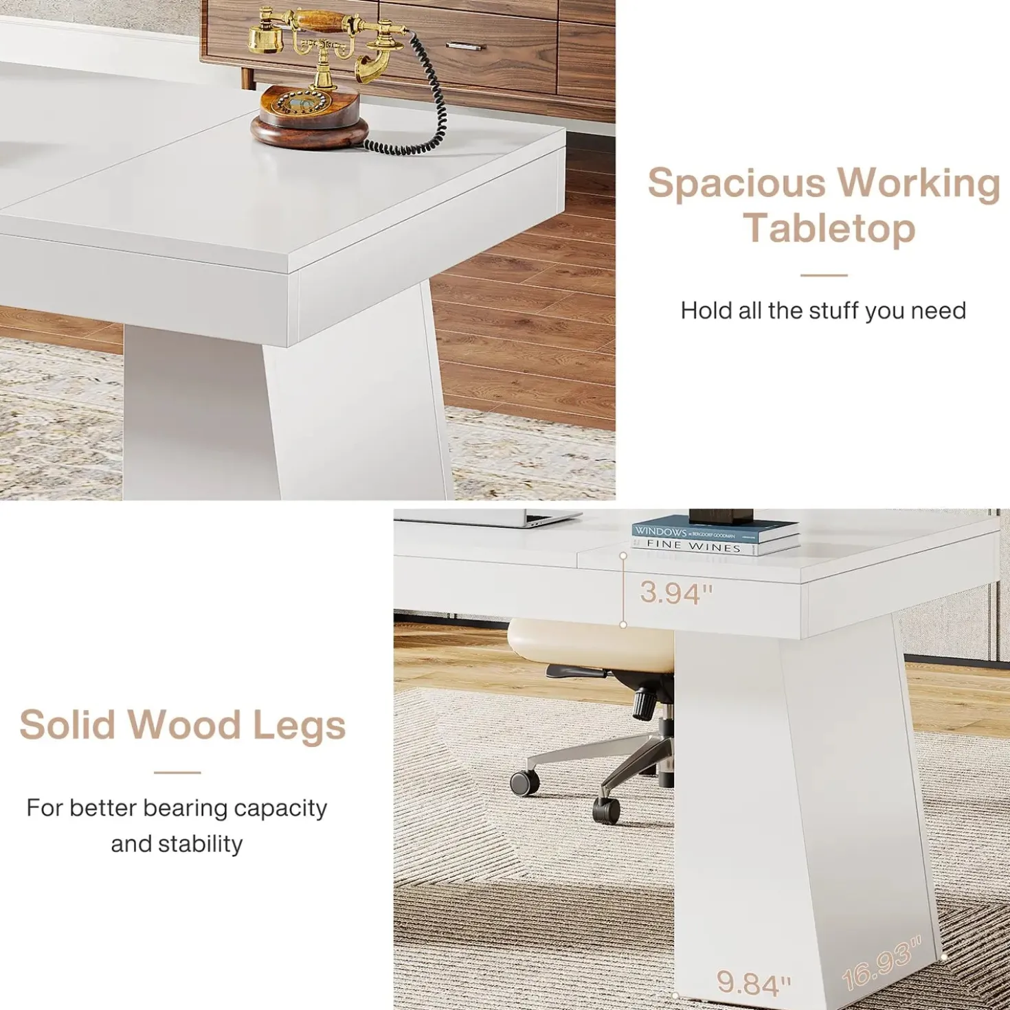 55" Executive Desk with Double Trapezoid Base, Modern Wooden Computer Desk for Home Office
