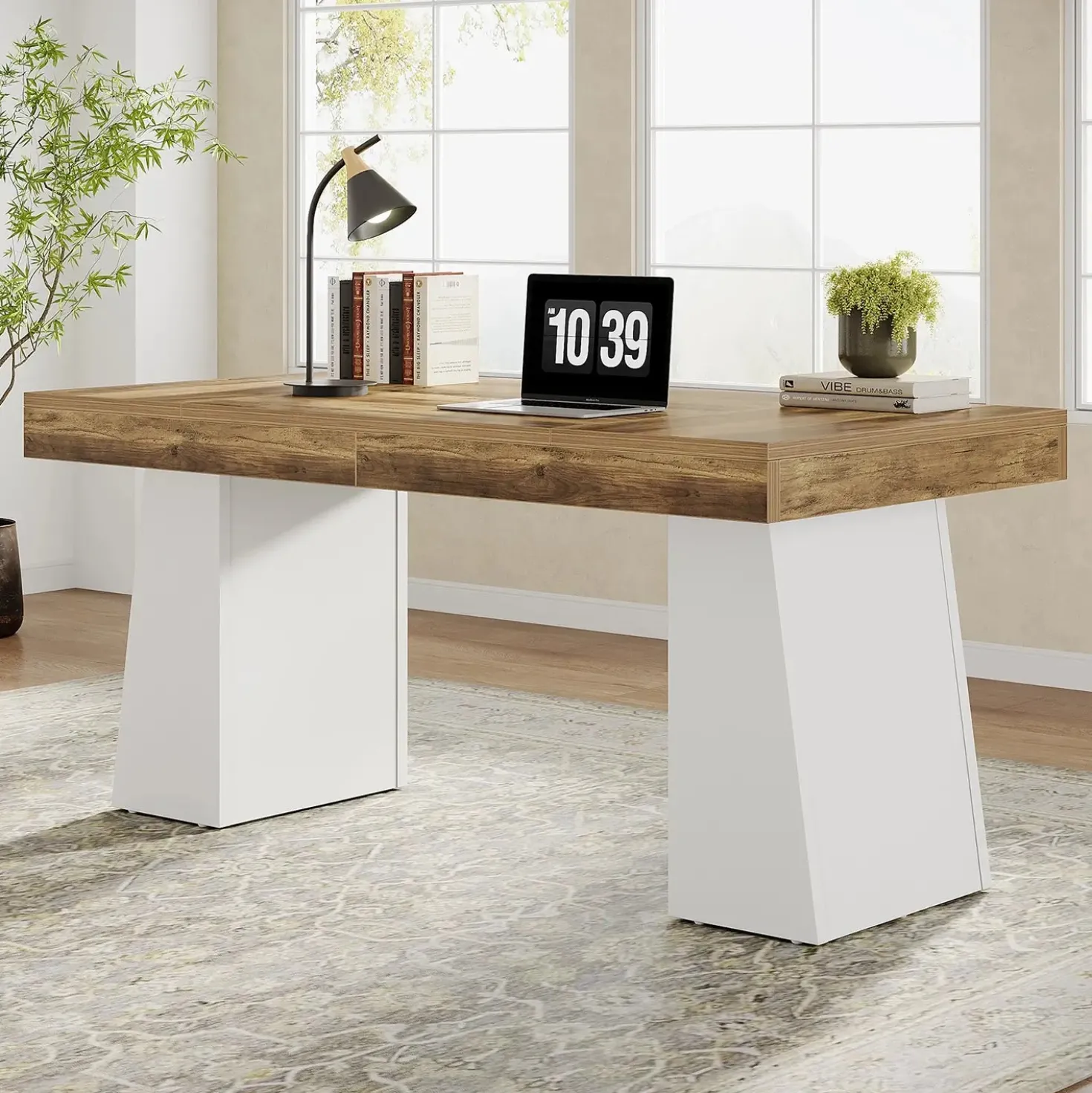 55" Executive Desk with Double Trapezoid Base, Modern Wooden Computer Desk for Home Office