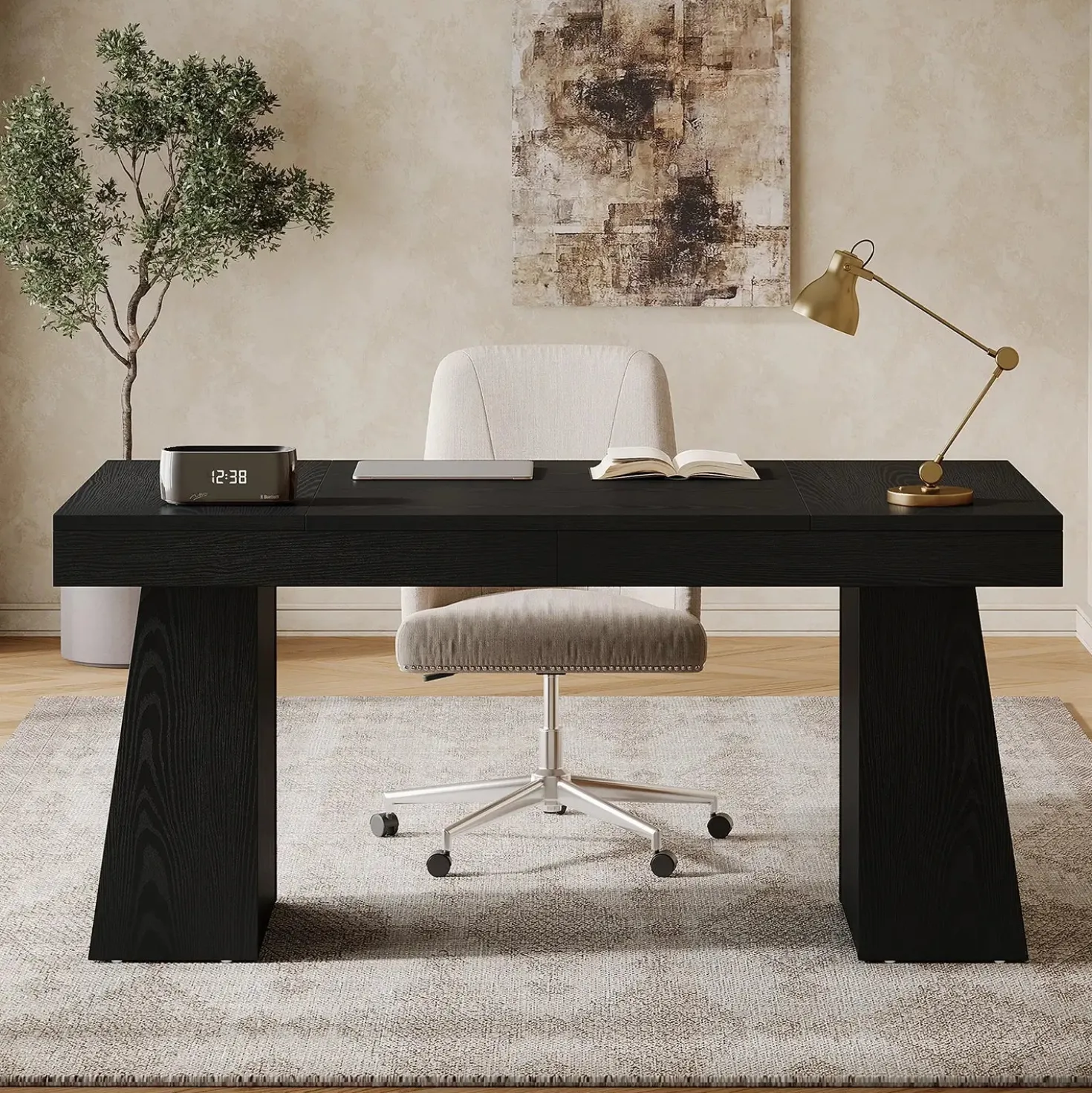 55" Executive Desk with Double Trapezoid Base, Modern Wooden Computer Desk for Home Office
