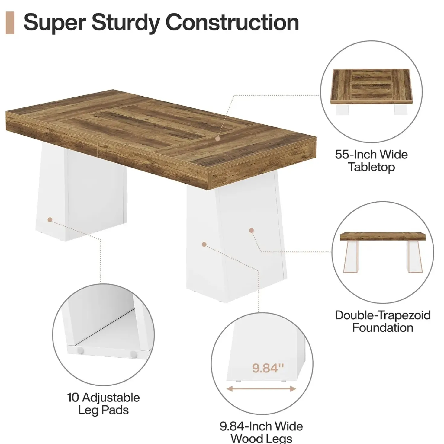55" Executive Desk with Double Trapezoid Base, Modern Wooden Computer Desk for Home Office