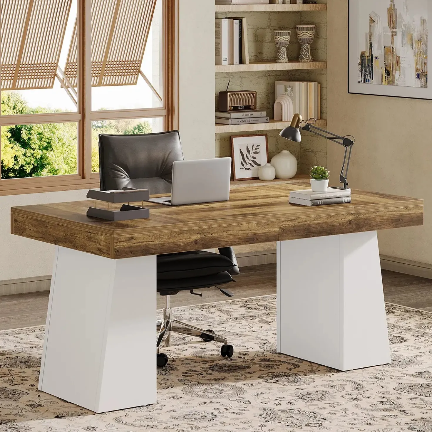 55" Executive Desk with Double Trapezoid Base, Modern Wooden Computer Desk for Home Office