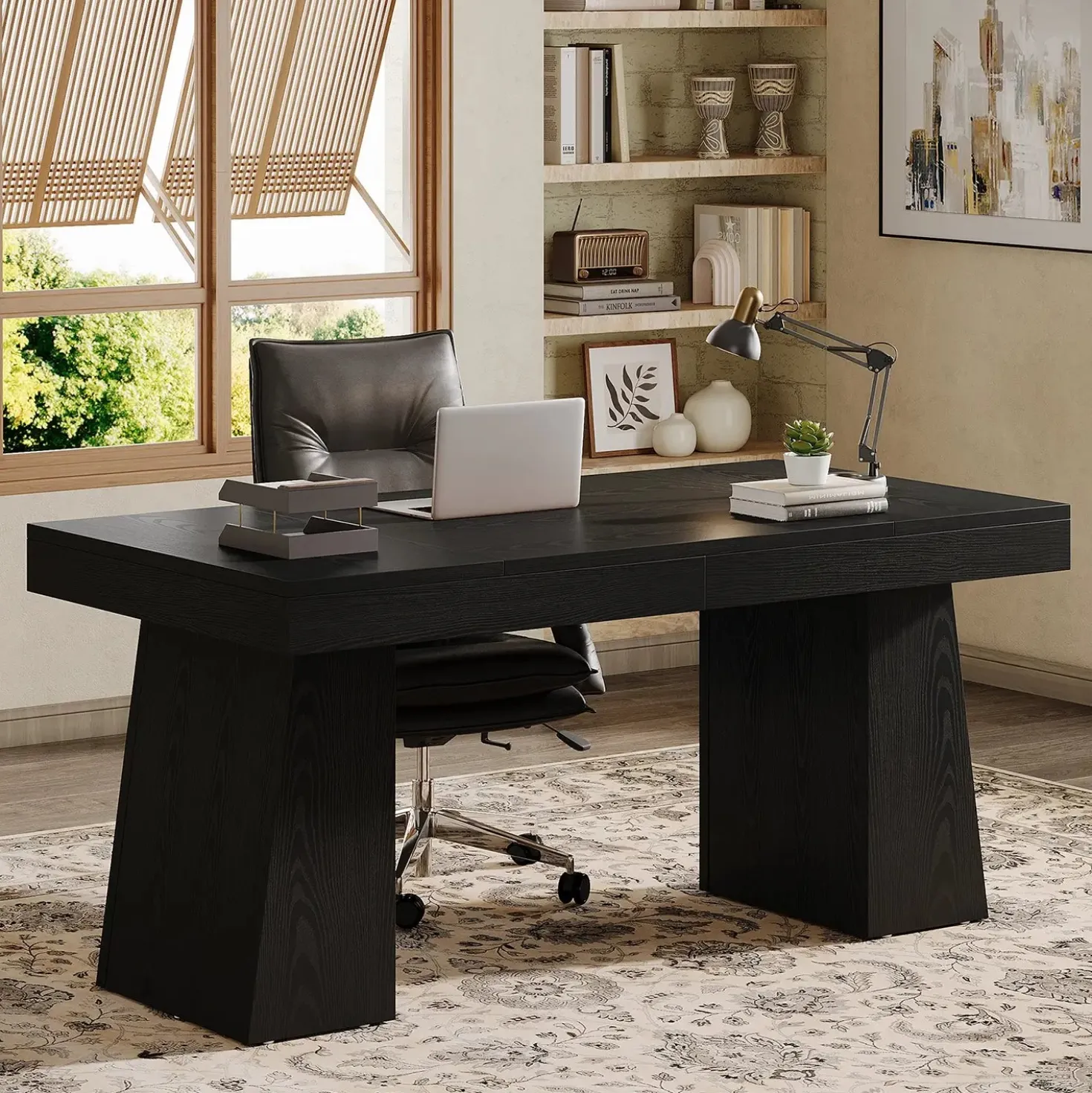 55" Executive Desk with Double Trapezoid Base, Modern Wooden Computer Desk for Home Office