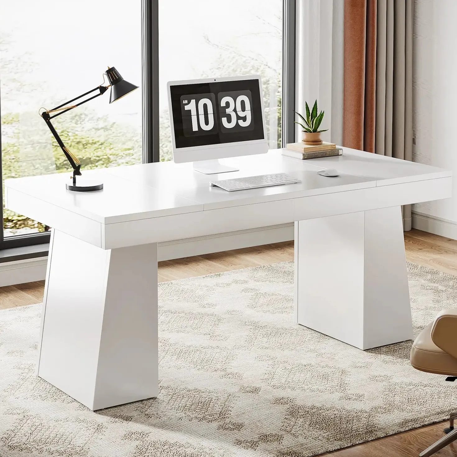 55" Executive Desk with Double Trapezoid Base, Modern Wooden Computer Desk for Home Office