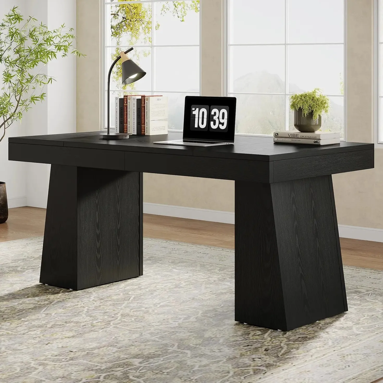 55" Executive Desk with Double Trapezoid Base, Modern Wooden Computer Desk for Home Office