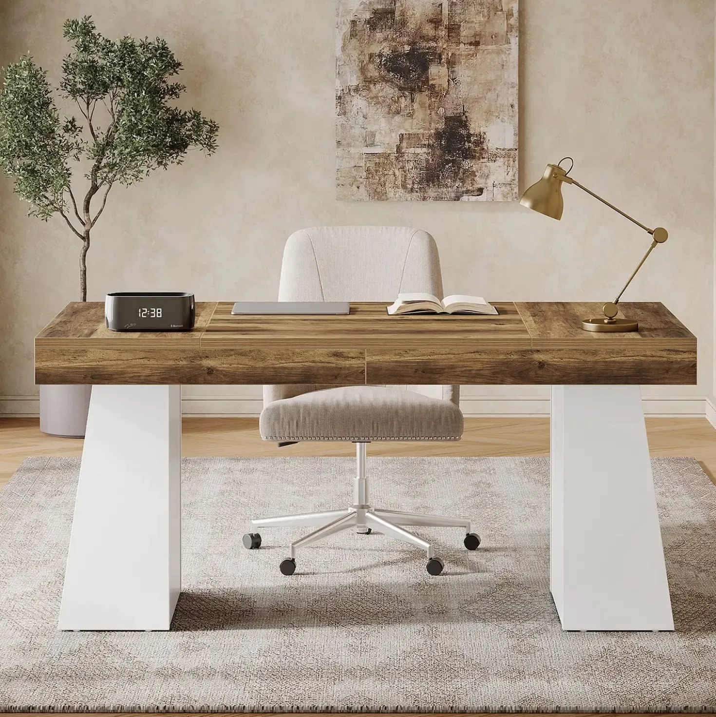 55" Executive Desk with Double Trapezoid Base, Modern Wooden Computer Desk for Home Office