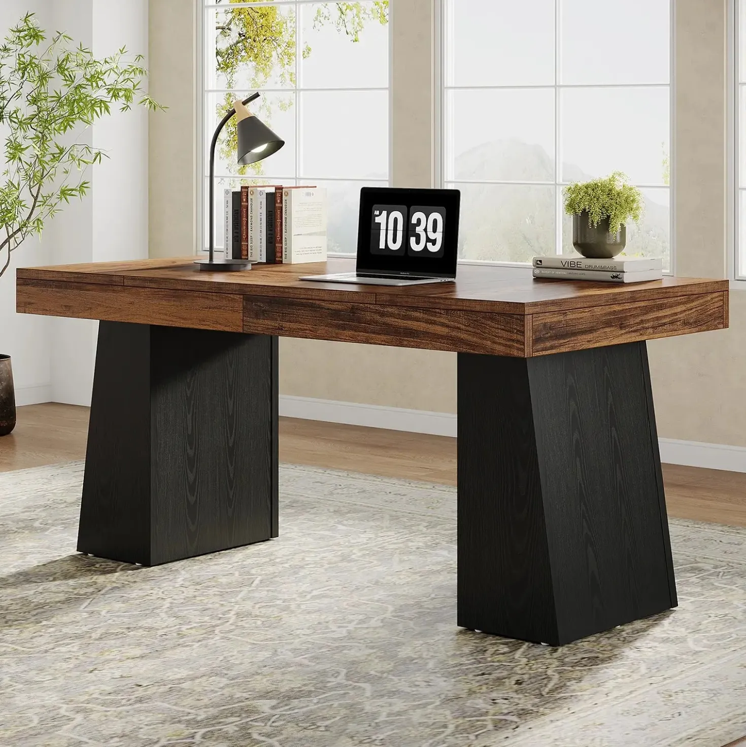 55" Executive Desk with Double Trapezoid Base, Modern Wooden Computer Desk for Home Office