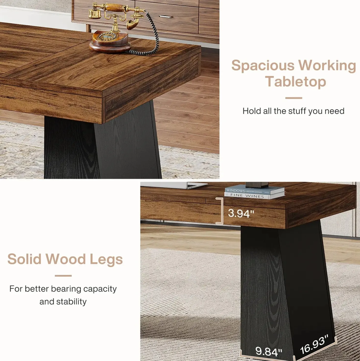55" Executive Desk with Double Trapezoid Base, Modern Wooden Computer Desk for Home Office