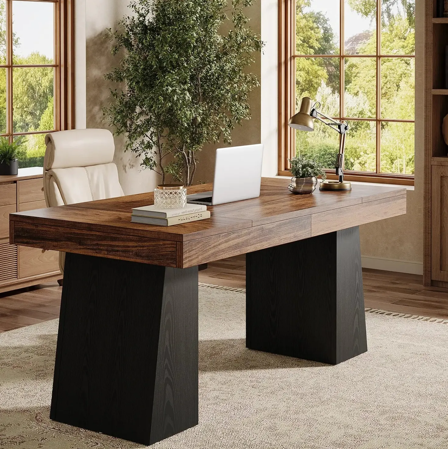 55" Executive Desk with Double Trapezoid Base, Modern Wooden Computer Desk for Home Office