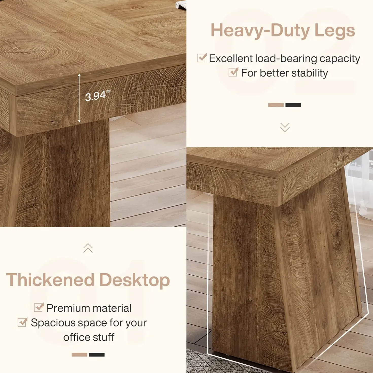55" Executive Desk with Double Trapezoid Base, Modern Wooden Computer Desk for Home Office