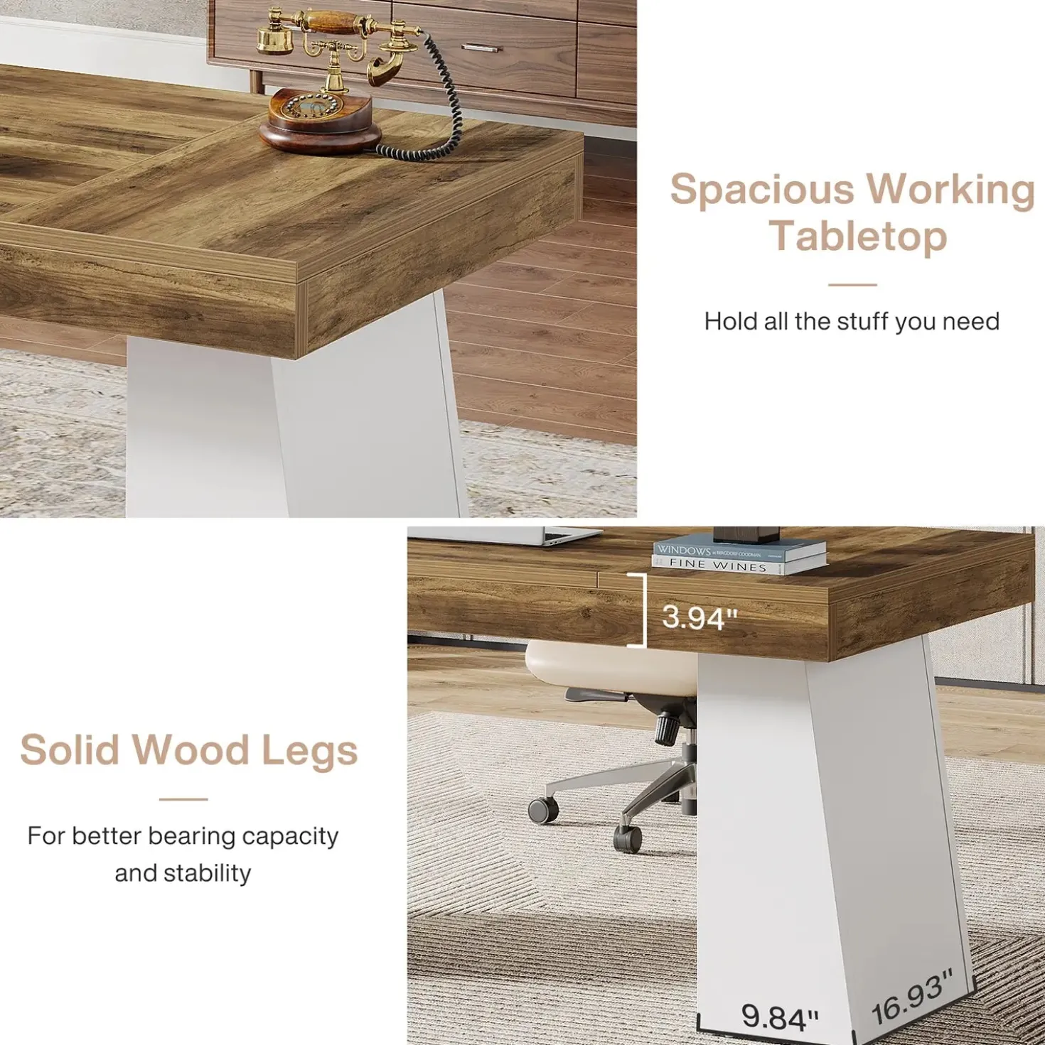 55" Executive Desk with Double Trapezoid Base, Modern Wooden Computer Desk for Home Office