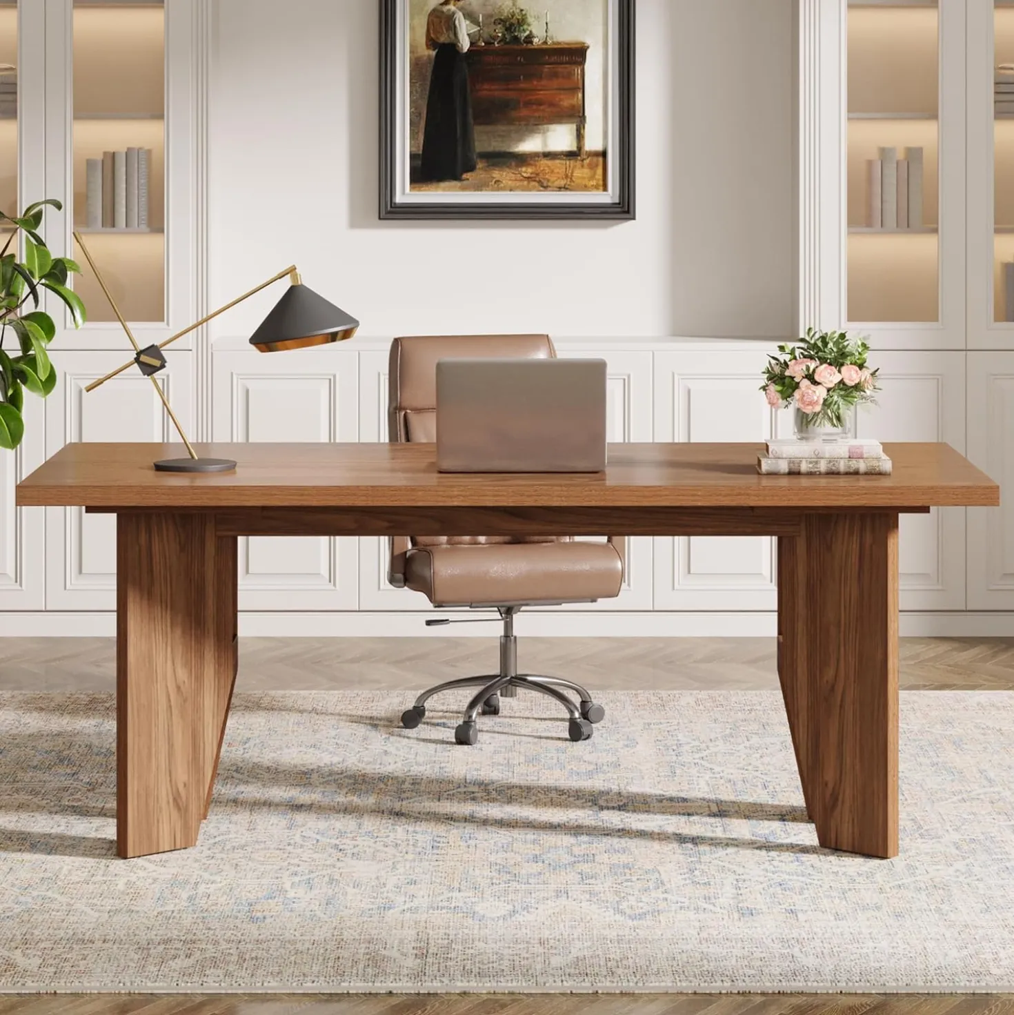 63" Executive Desk, Wooden Office Computer Desk Writing Table with Sturdy Legs