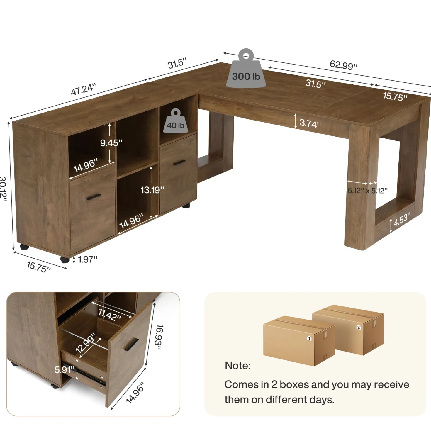 63" Executive Home Office Set, L-Shaped Desk with Storage Shelves & Drawers