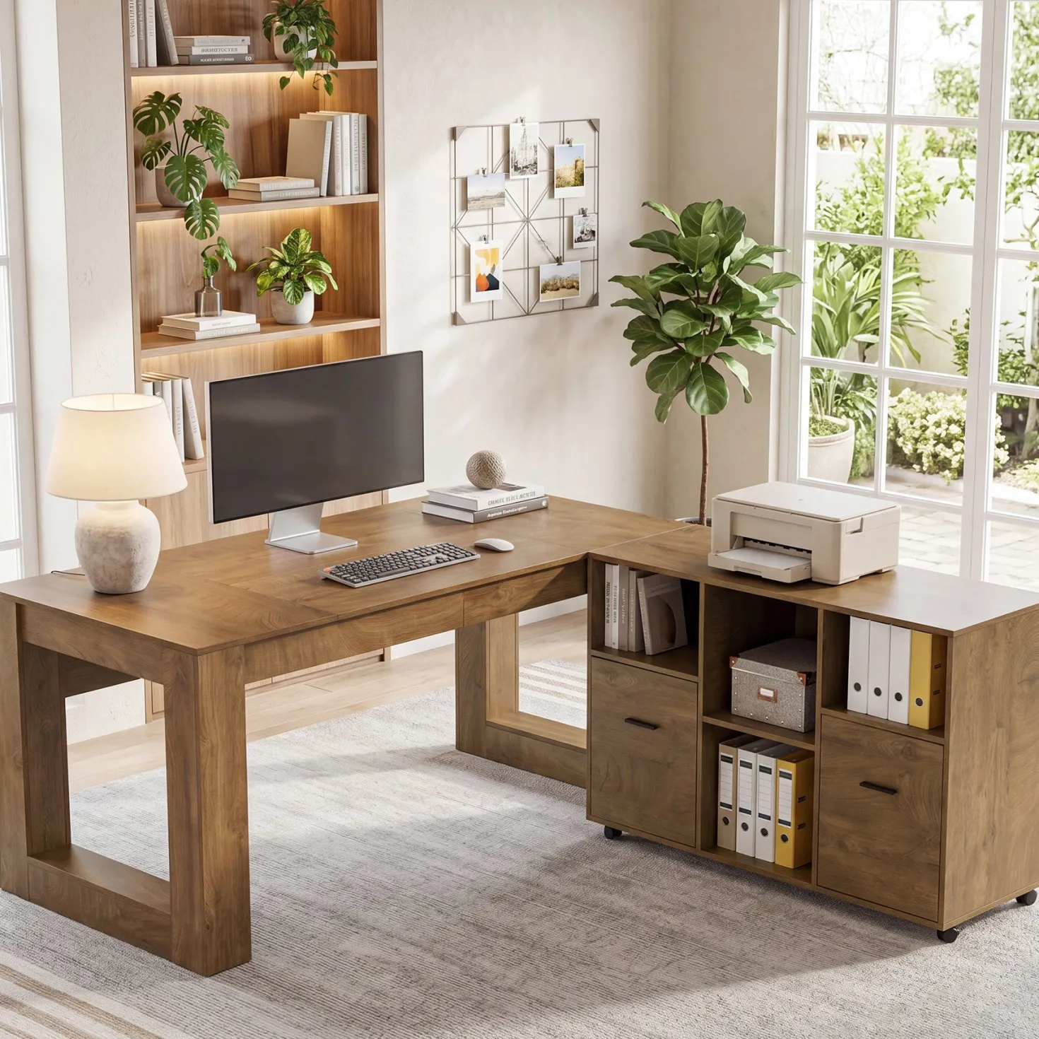 63" Executive Home Office Set, L-Shaped Desk with Storage Shelves & Drawers