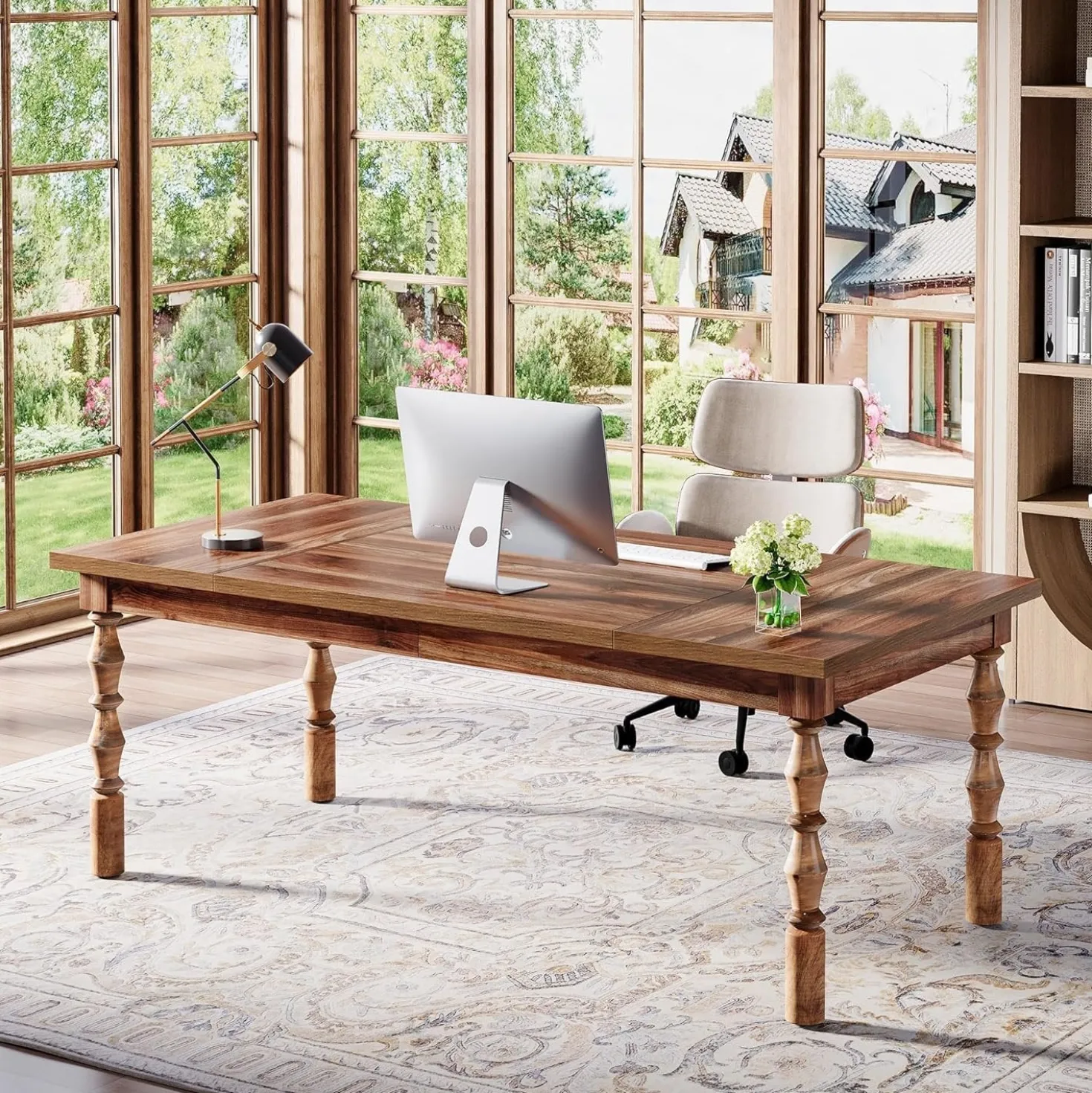 62.2" Executive Office Desk, Farmhouse Computer Desk with Carved Turned Legs