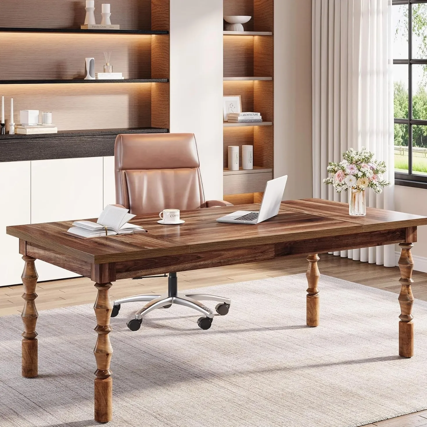 62.2" Executive Office Desk, Farmhouse Computer Desk with Carved Turned Legs