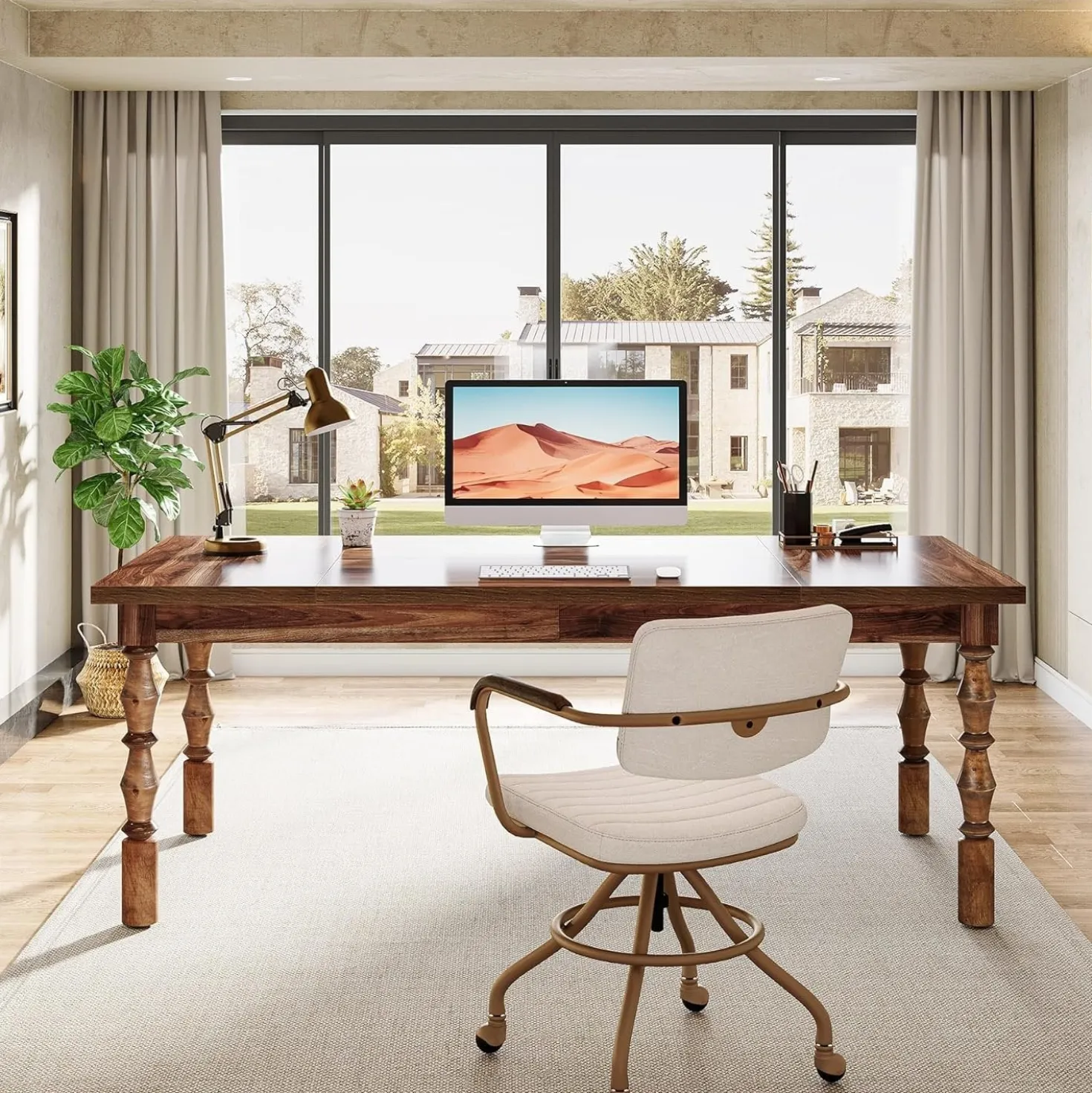 62.2" Executive Office Desk, Farmhouse Computer Desk with Carved Turned Legs