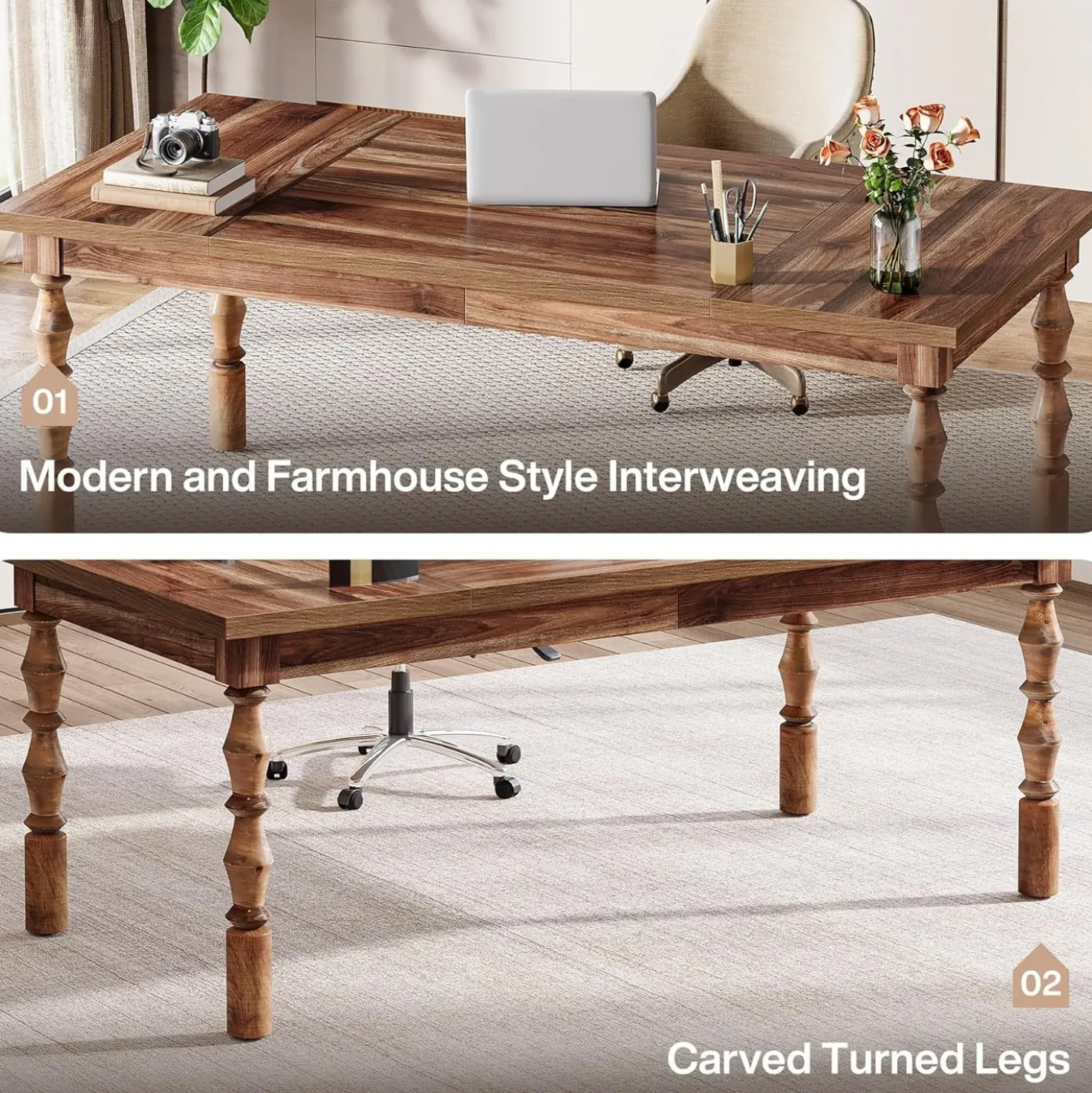 62.2" Executive Office Desk, Farmhouse Computer Desk with Carved Turned Legs