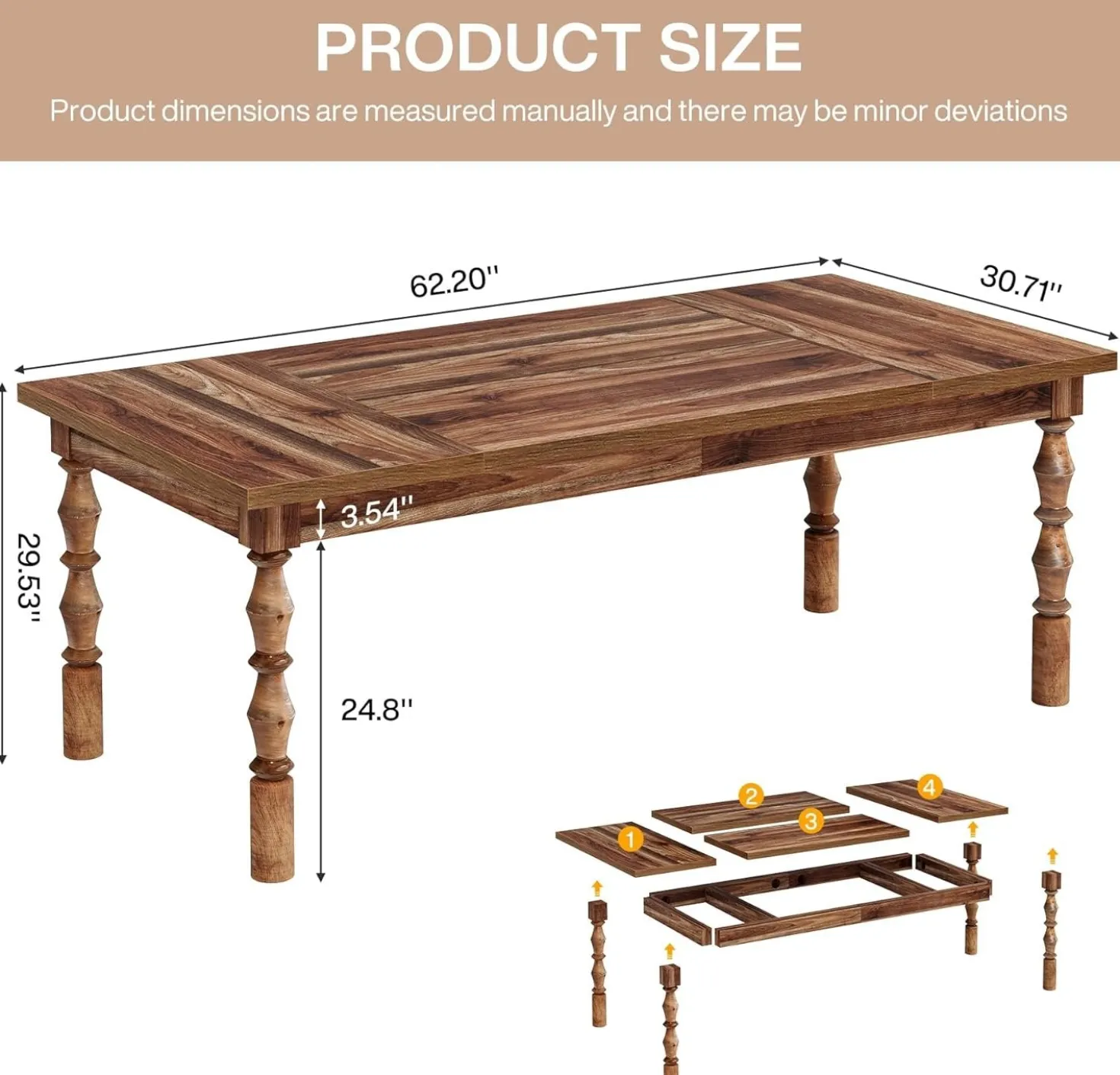 62.2" Executive Office Desk, Farmhouse Computer Desk with Carved Turned Legs