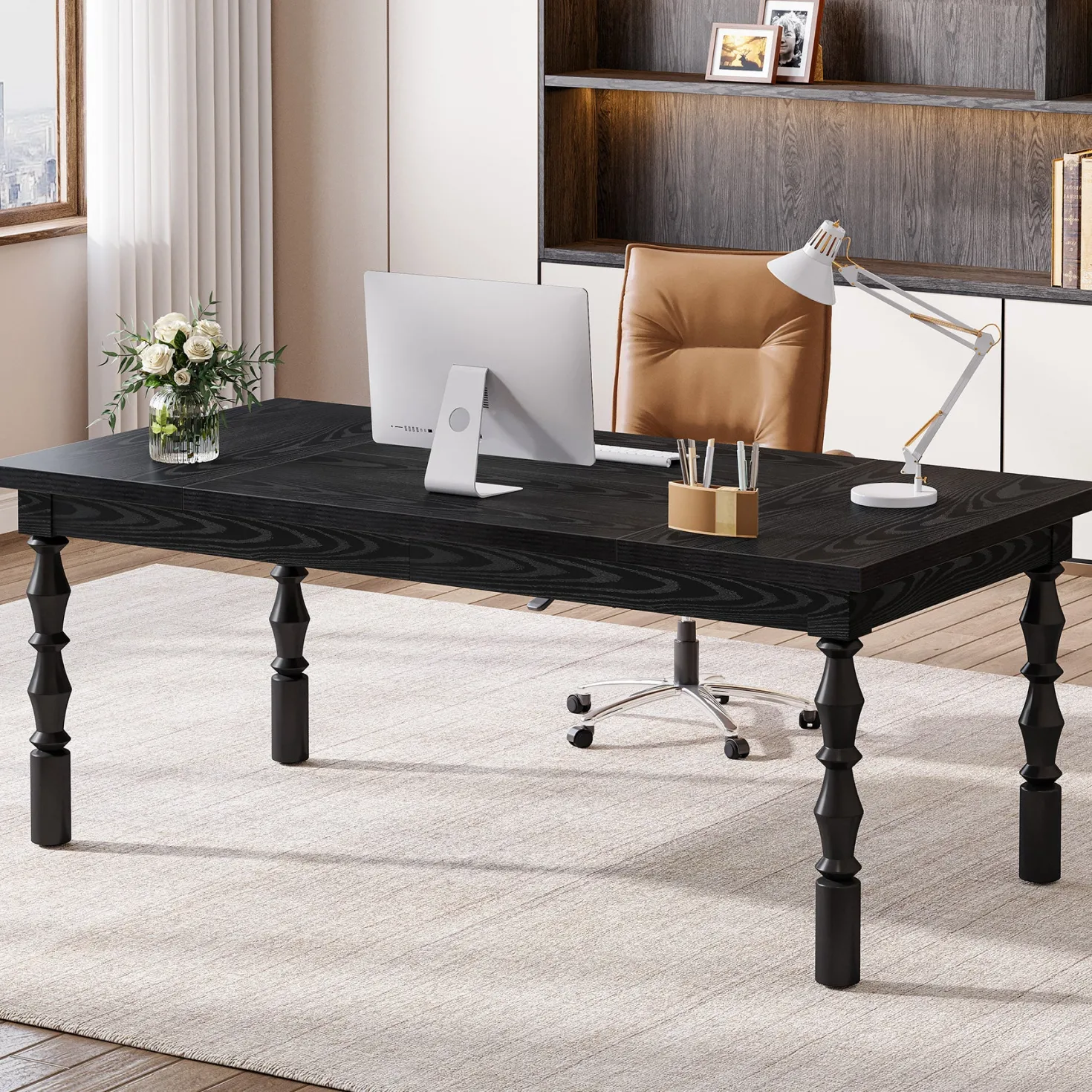 62.2" Executive Office Desk, Farmhouse Computer Desk with Carved Turned Legs