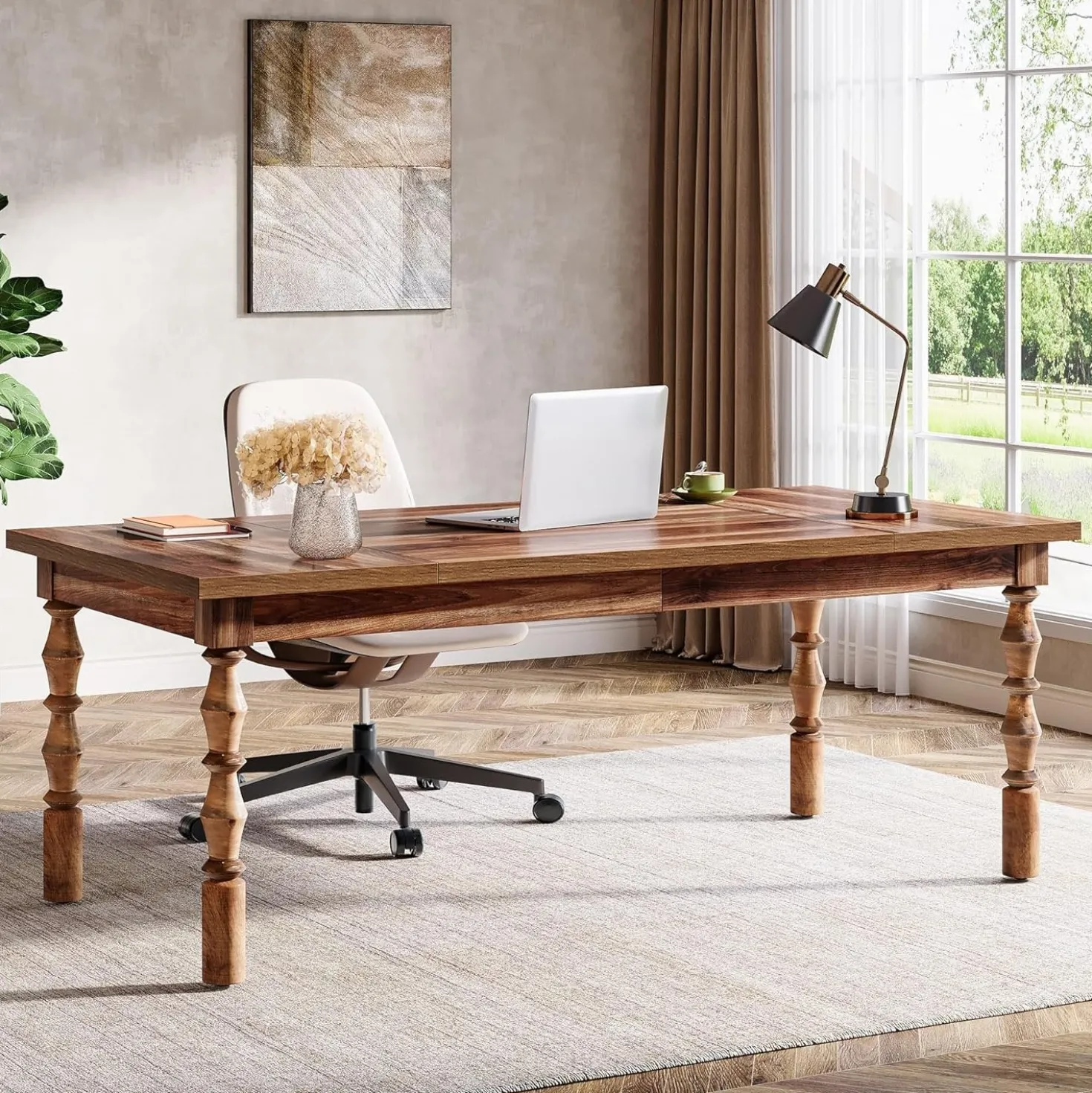 62.2" Executive Office Desk, Farmhouse Computer Desk with Carved Turned Legs